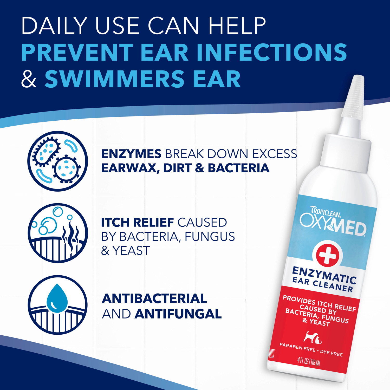 Tropiclean Oxymed Antifungal & Antibacterial Enzymatic Cleaner Solution Dog & Cat Ear Drops, 4-Oz