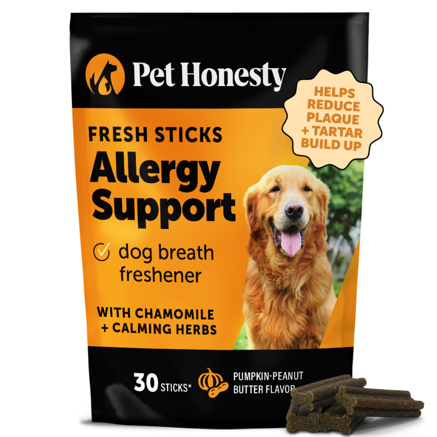 Pet Honesty Allergy Support Fresh Dental Sticks Dog Chews, Peanut Butter & Pumpkin Flavor, 30-Sticks