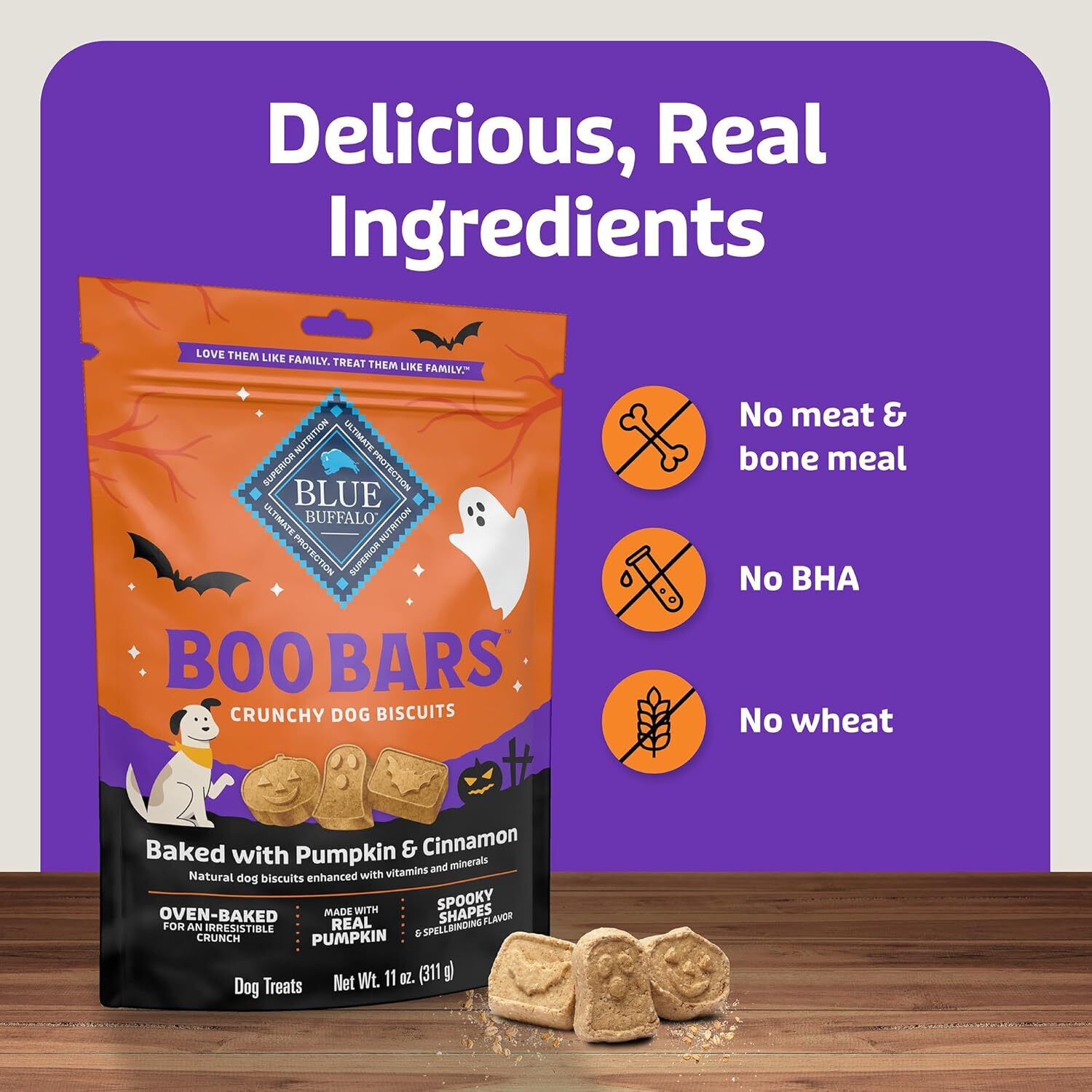 Blue Buffalo Boo Bars Crunchy Halloween Dog Biscuit Treats, Pumpkin & Cinnamon Flavor, 11-Oz Bag