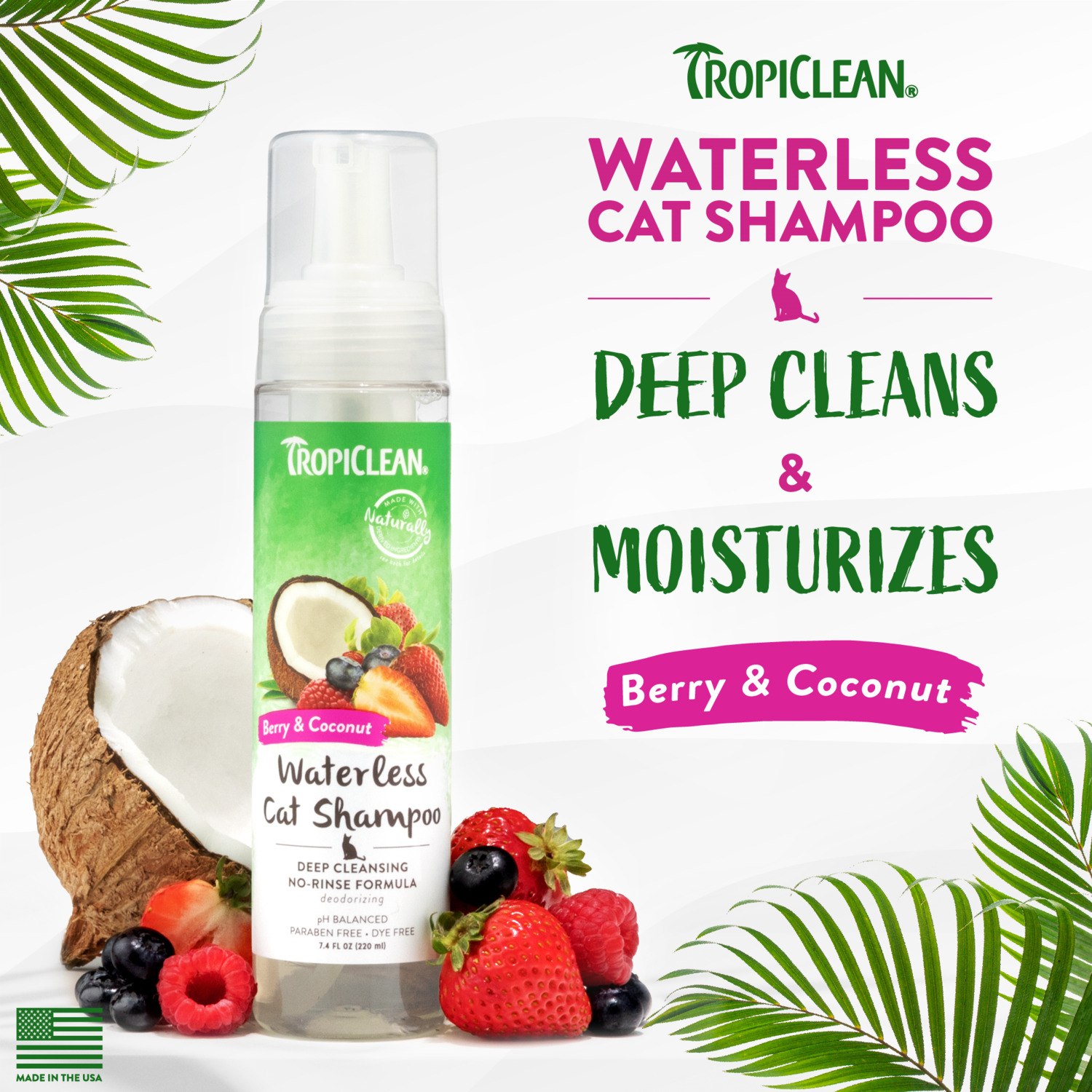 Tropiclean Deep Cleansing Waterless Cat Shampoo, Berry & Coconut Scent, 7.4Oz