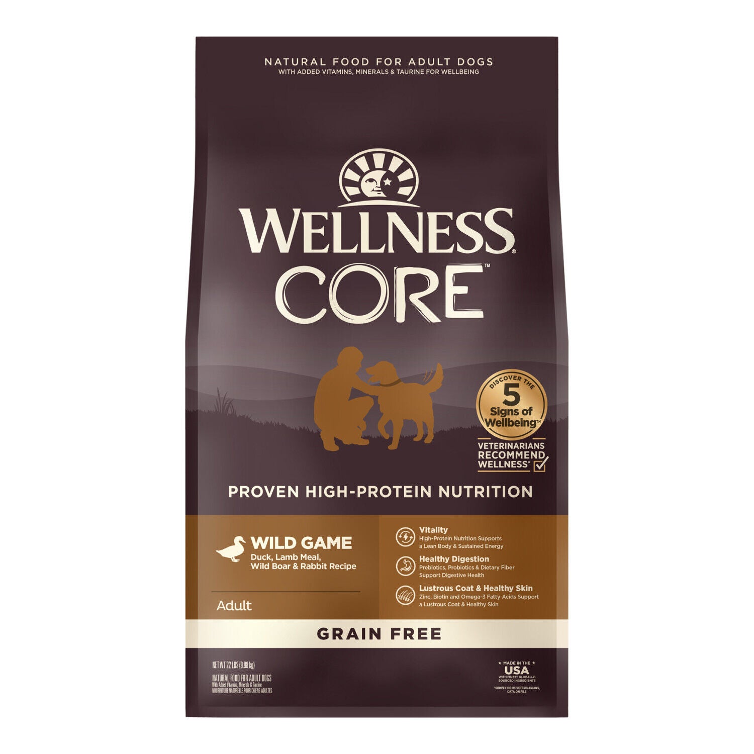 Wellness Core Natural Grain Free Dry Dog Food Wild Game Duck, Lamb Meal, Wild Boar & Rabbit Recipe, 22-Pound Bag