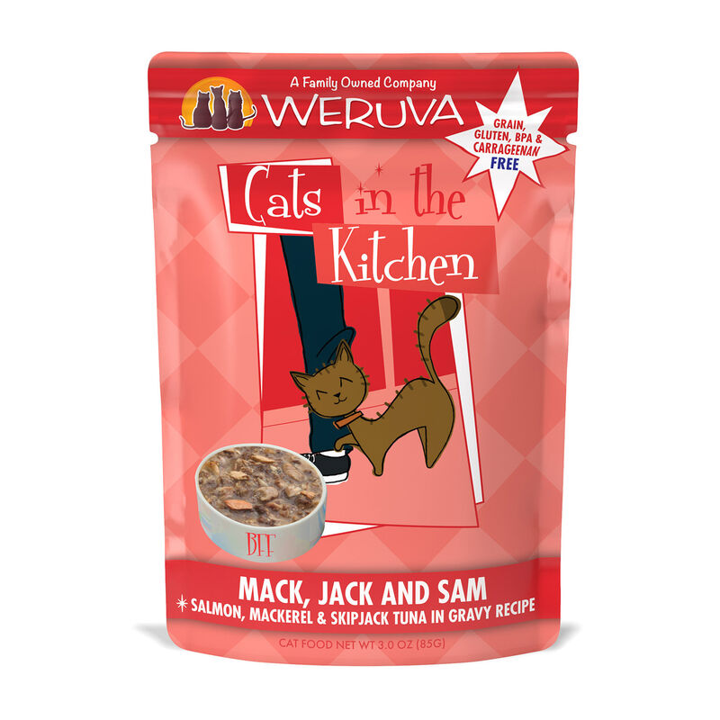 Cats In The Kitchen Mack, Jack & Sam Salmon, Mackerel & Skipjack Tuna In Gravy Cat Food image number 1