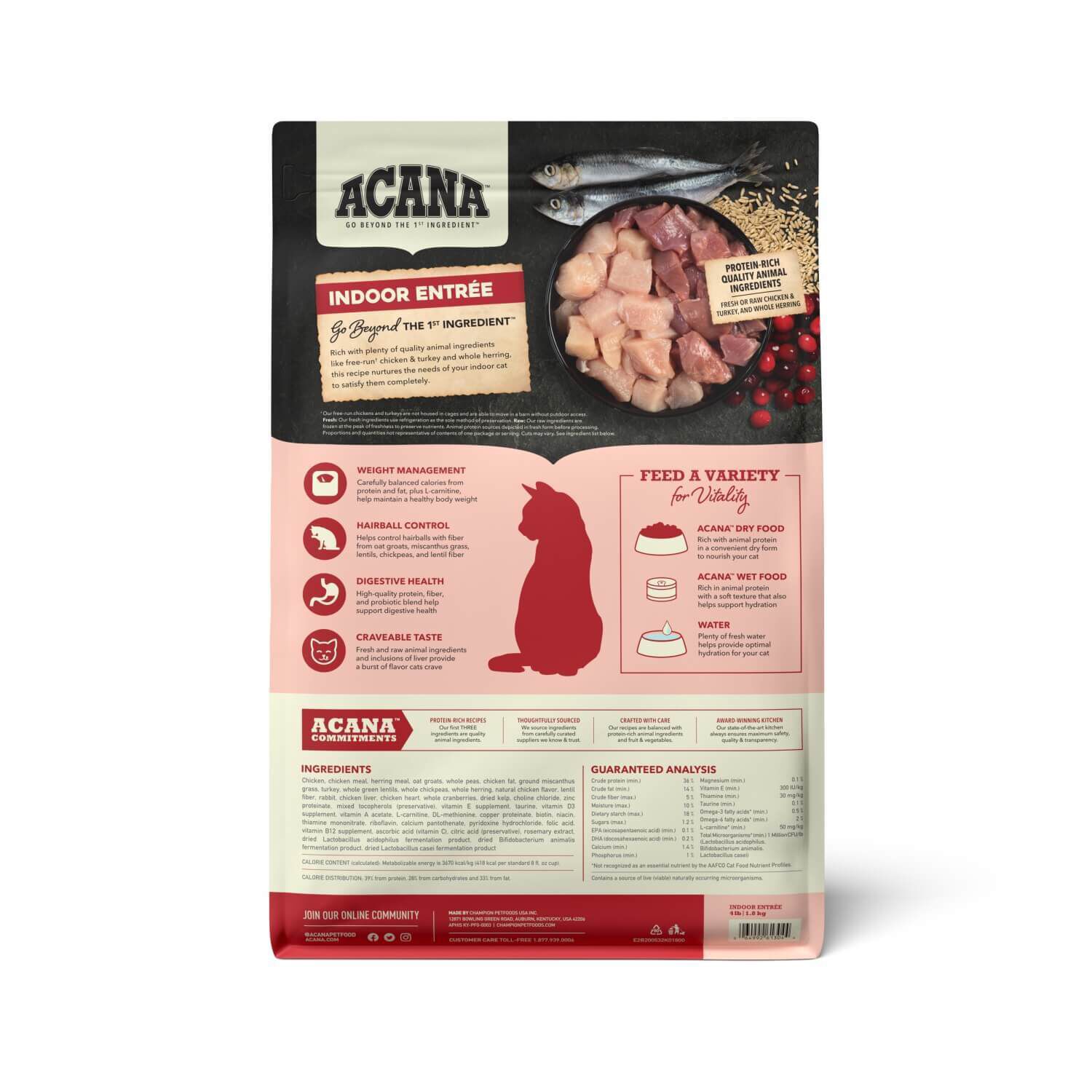 Acana Indoor Entr&eacute;e For Indoor Cats, Chicken Turkey Whole Herring & Rabbit Dry Cat Food, 4-Lb