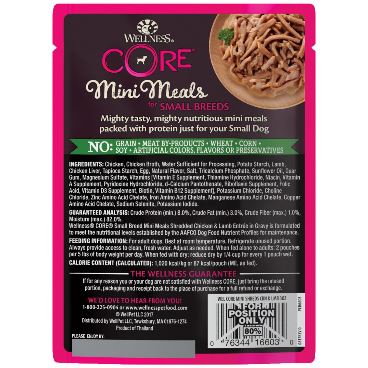 Wellness Core Natural Grain Free Small Breed Mini Meals Wet Dog Food, Shredded Chicken & Lamb Entr&eacute;e In Gravy, 3-Ounce Pouch