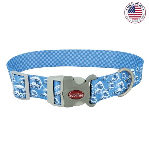 Sublime Adjustable Dog Collar, Blue Waves With Blue Checkers