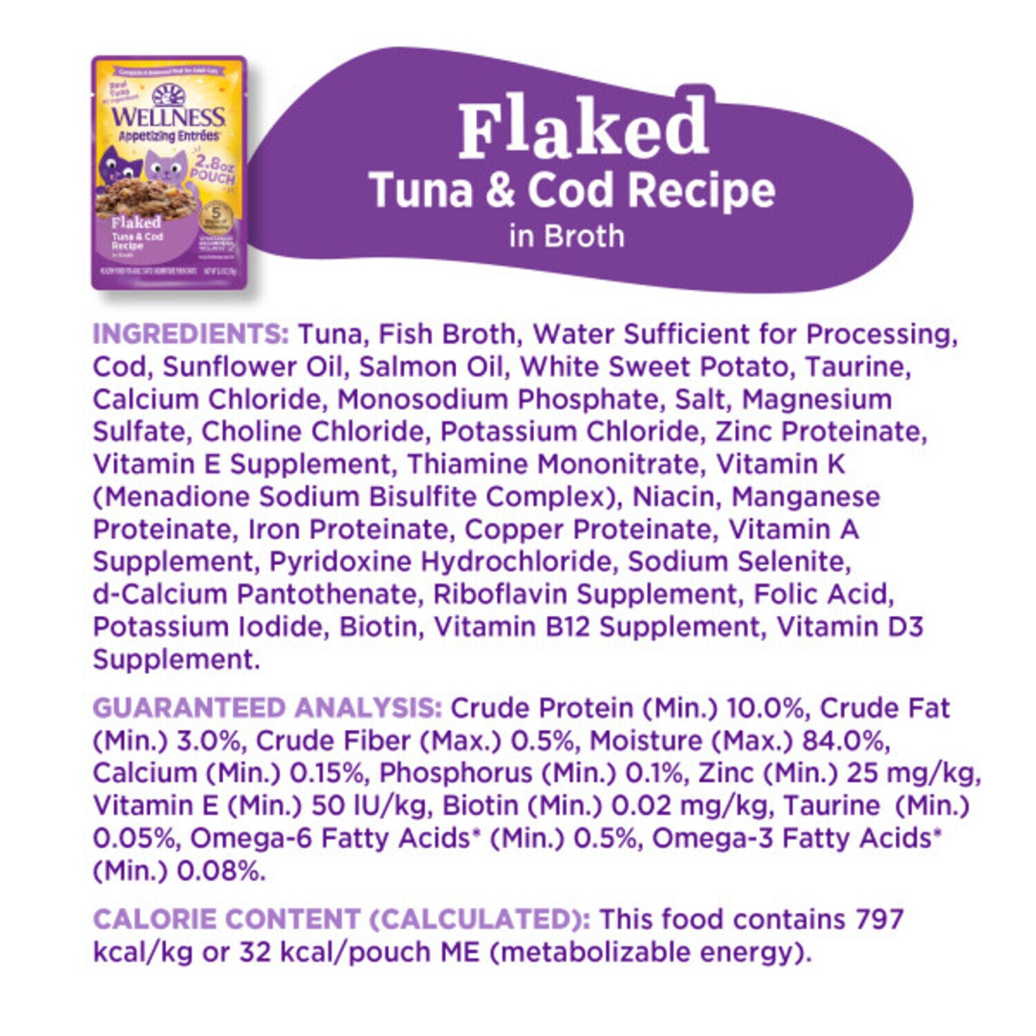 Wellness Appetizing Entr&eacute;es Flaked Adult Wet Cat Food, Natural, Protein-Rich, Grain-Free, 2.8-Ounce Pouch, Tuna & Cod Recipe
