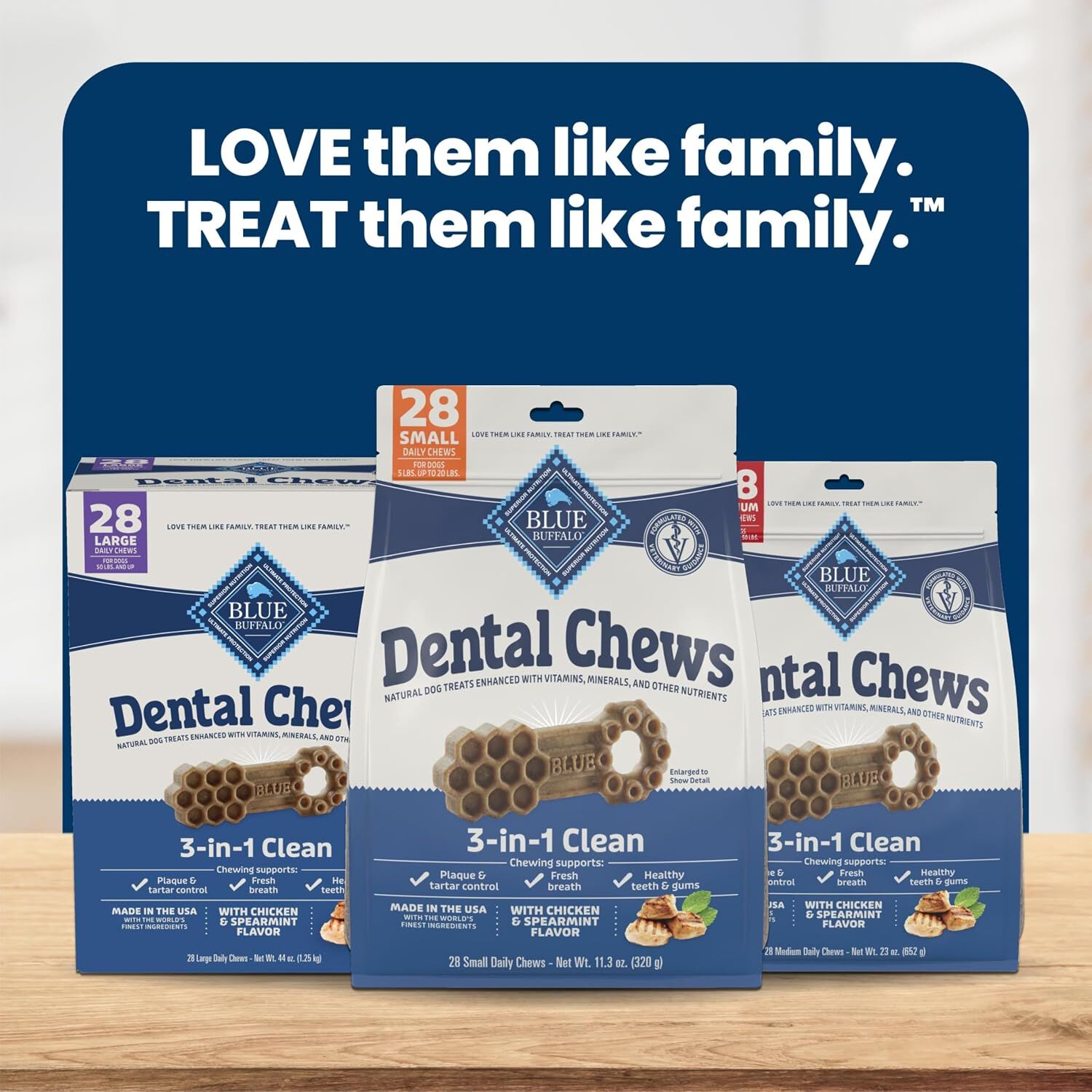 Blue Buffalo 3-In-1 Medium Sized Dog Dental Chews, Chicken & Spearmint Flavor, 14-Ct