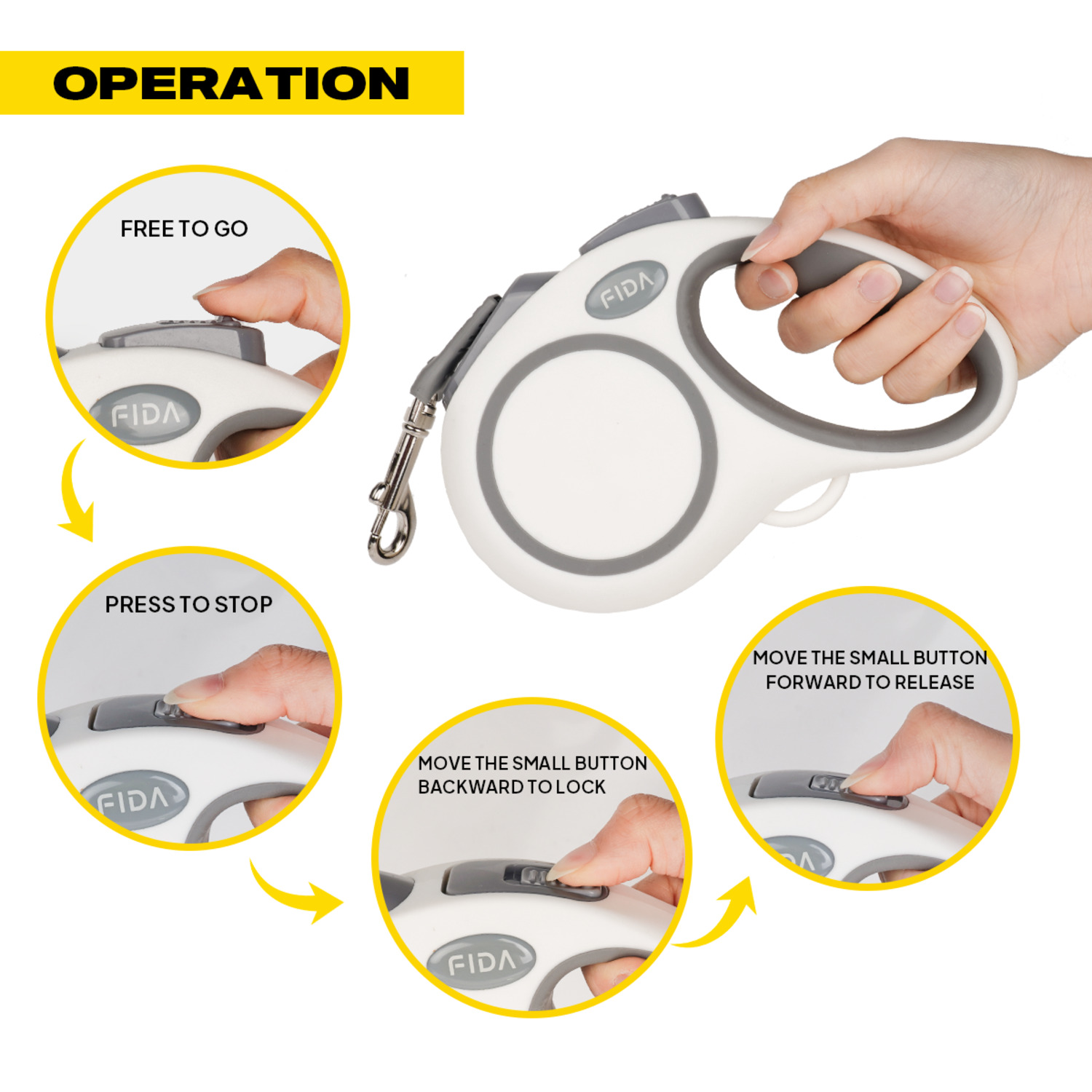 Fida Pet Comfort Series Retractable Dog Leash, White - Large