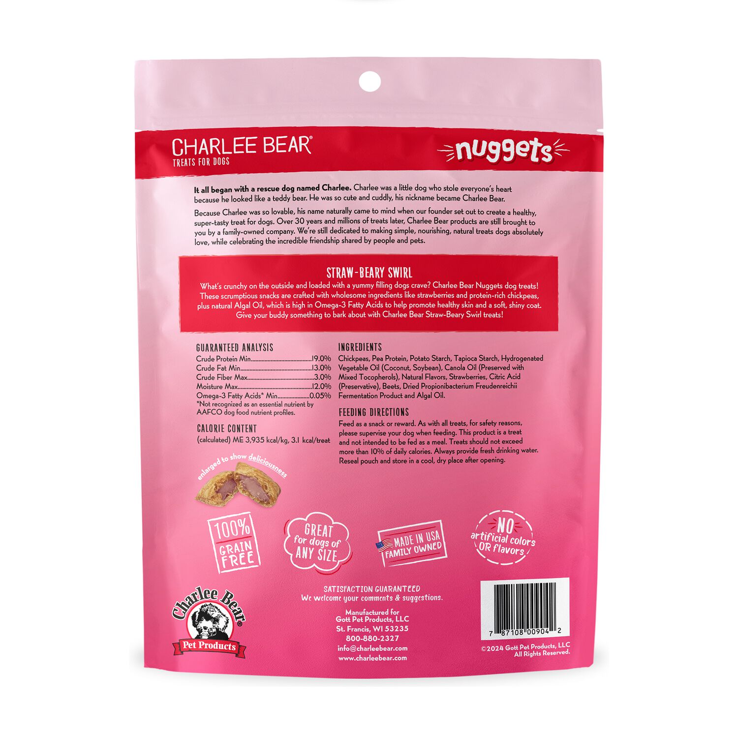 Charlee Bear Nuggets Grain-Free Crunchy Skin & Coat Dog Treats, Straw-Beary Swirl, 6-Oz