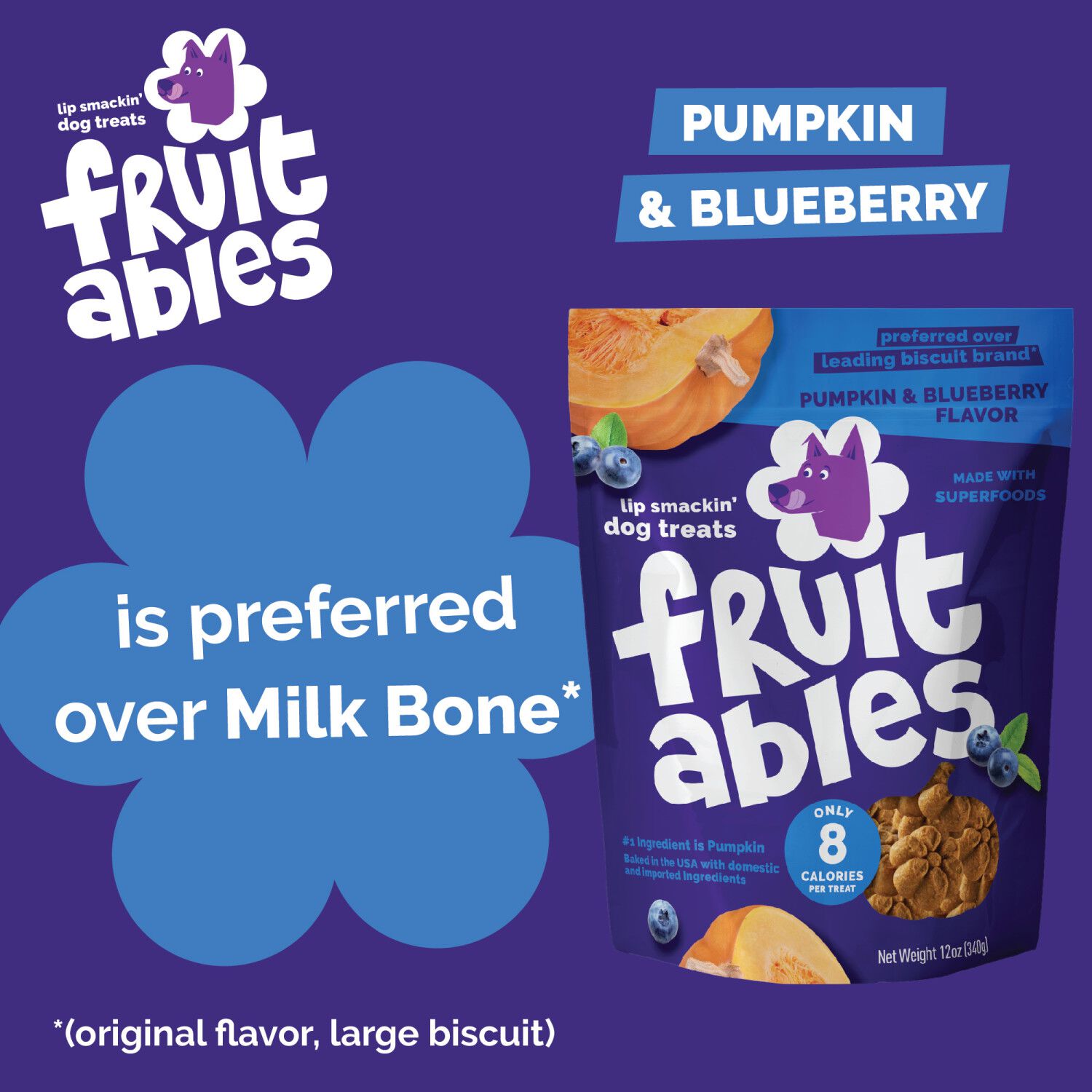 Fruitables Low Calorie Baked Crunchy Dog Treats, Pumpkin & Blueberry, 12-Oz Bag