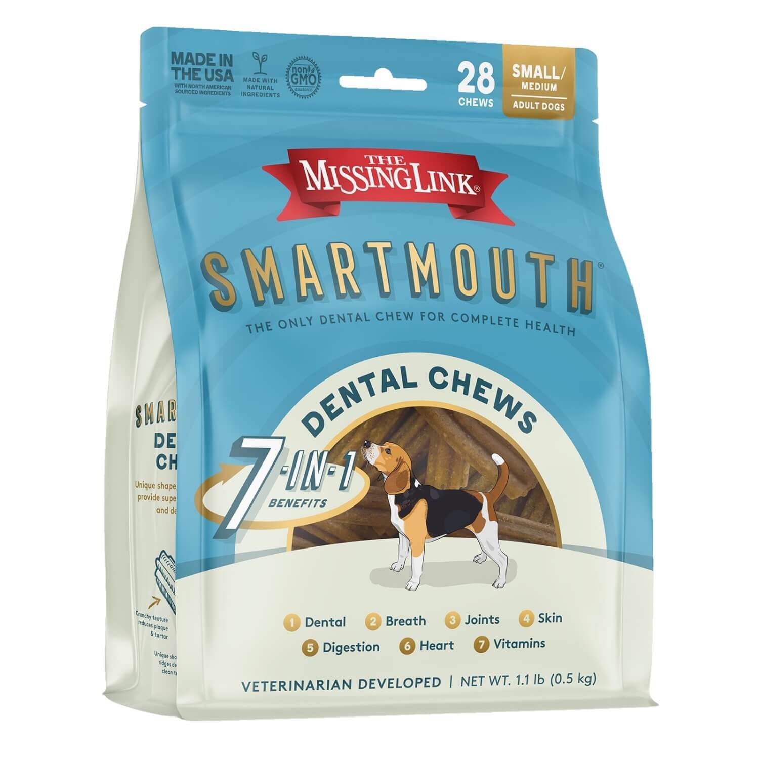 The Missing Link Smartmouth 7-In-1 Dental Chew Dog Treats For Small/Medium Dogs