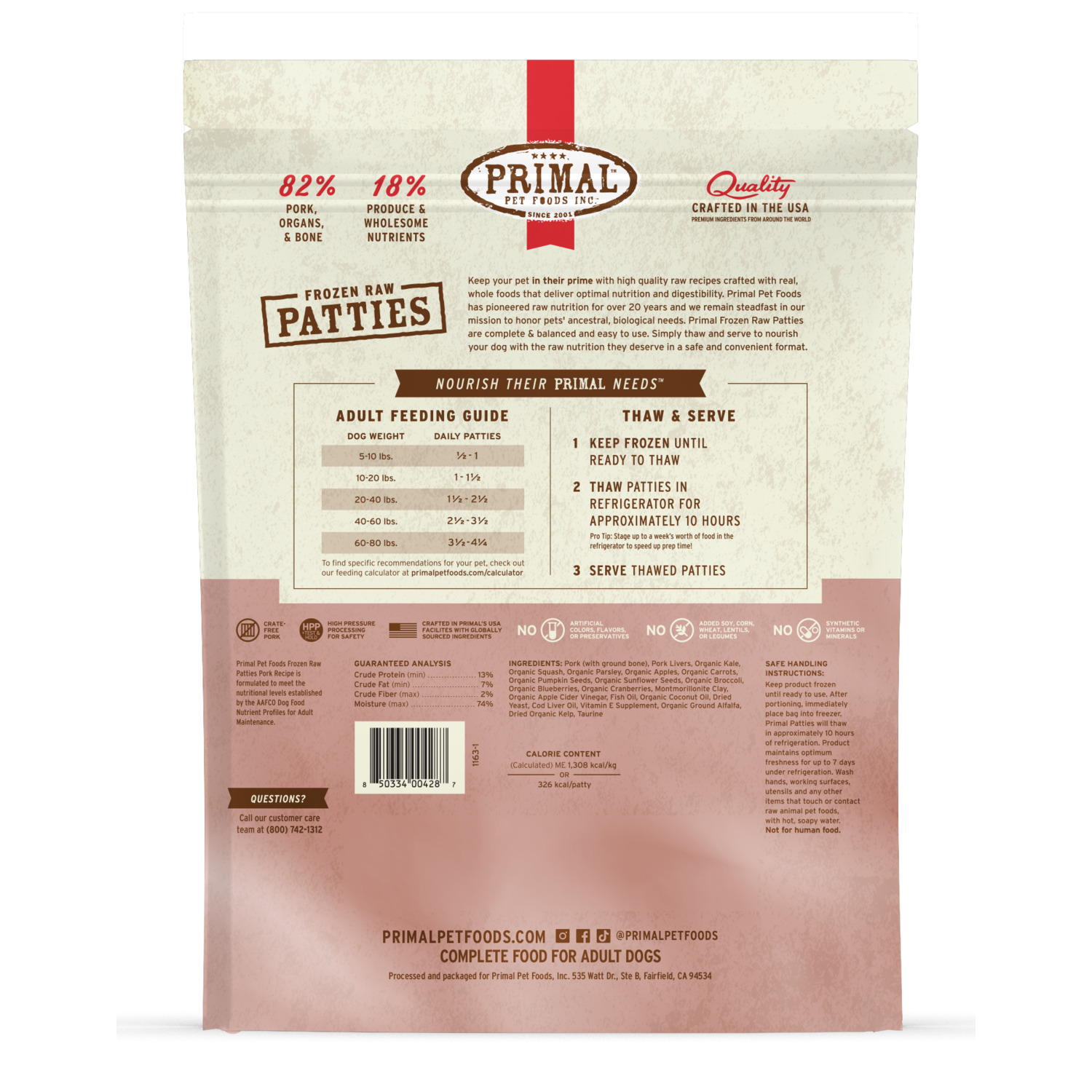 Primal Raw Patties Frozen Dog Food, Pork Recipe - 6Lb
