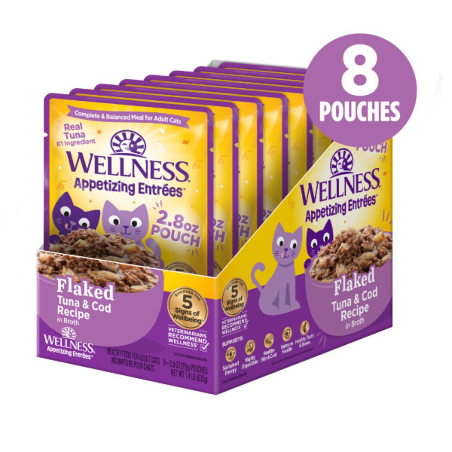 Wellness Appetizing Entr&eacute;es Flaked Adult Wet Cat Food, Natural, Protein-Rich, Grain-Free, 2.8-Ounce Pouch, Tuna & Cod Recipe