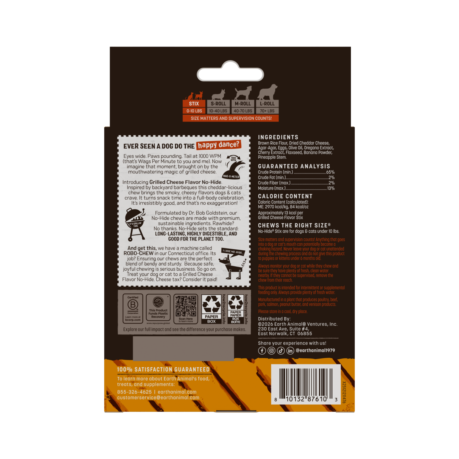 Earth Animal No-Hide Rawhide Alternative Stix Cat & Dog Treats, From The Grill Grilled Cheese Flavor, 20 Pack