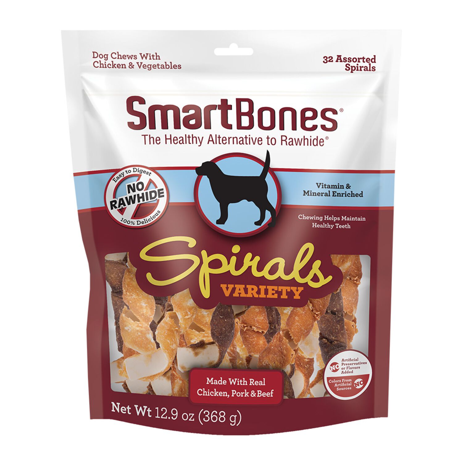 Smartbones Spirals Rawhide Alternative Dog Treats, Variety Pack With Chicken, Pork & Beef, 32 Count