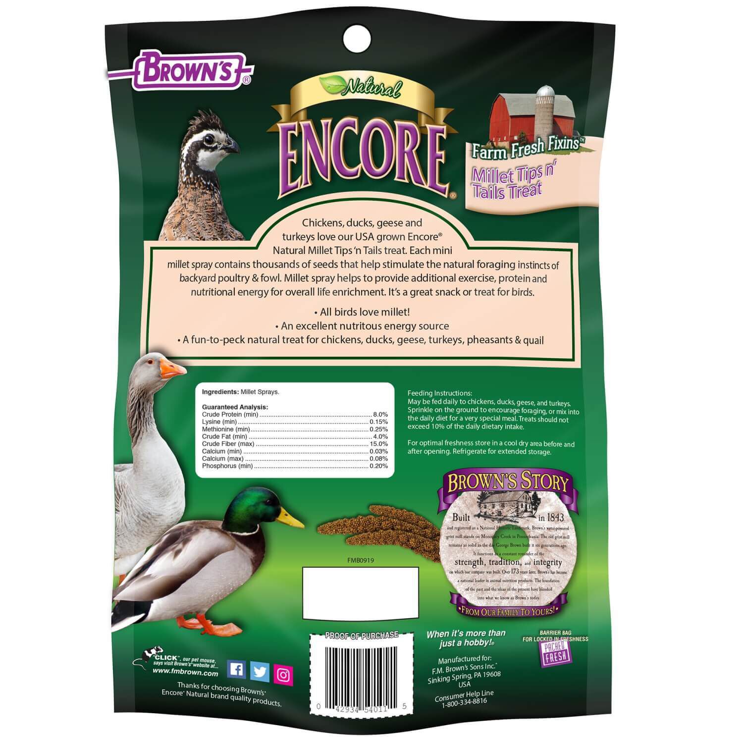 Brown's Encore Farm Fresh Fixins Millet Tips N Tails Treat For Chickens, Ducks, Geese, Turkeys, Pheasants & Quail