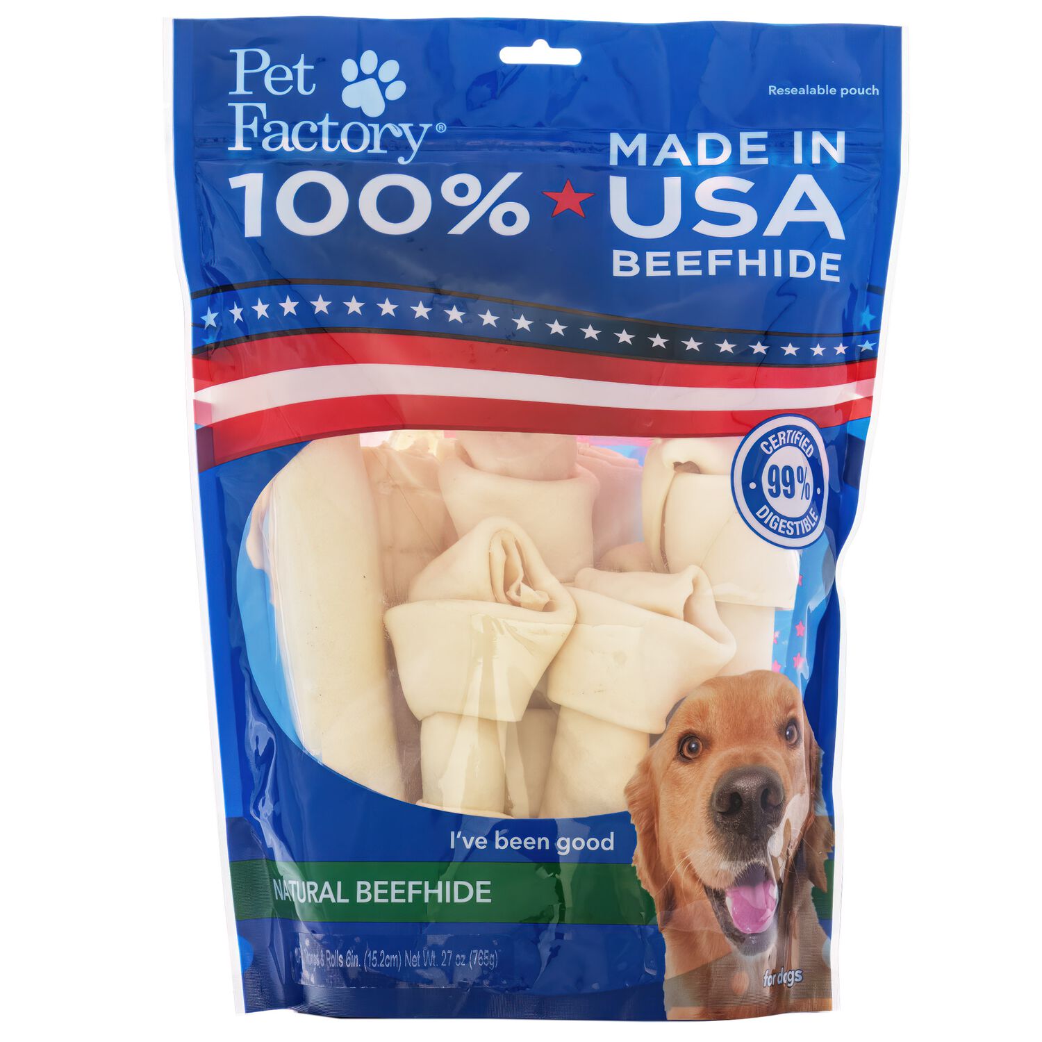 Pet Factory American Beefhide Rawhide Bones & Rolls Dog Treats, 6-7" Pack Of 10
