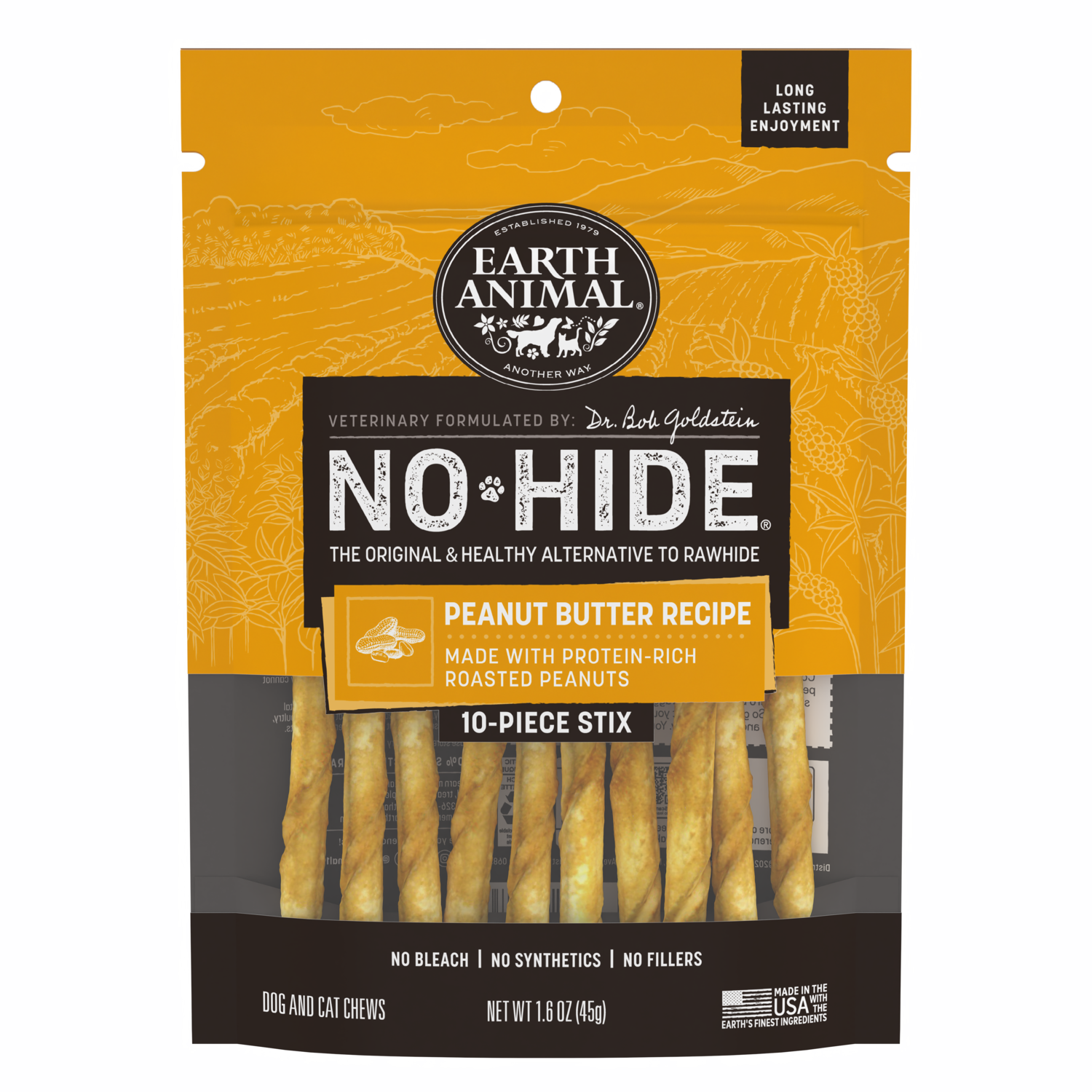Earth Animal No-Hide Rawhide Alternative&nbsp;Peanut Butter Recipe Stix Dog & Cat Treats, 10 Pack