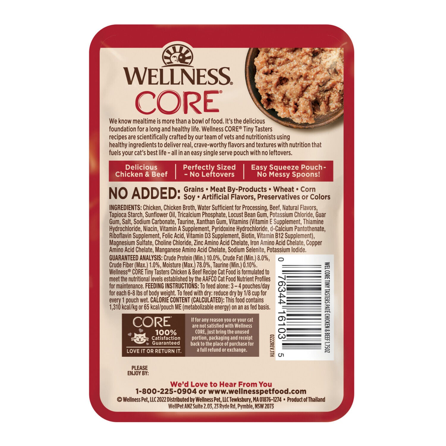 Wellness Core Tiny Tasters Pate Adult Wet Cat Food, Natural, Protein-Rich, Grain Free, 1.75 Ounce Pouch, 12 Pack - Chicken & Beef Recipe