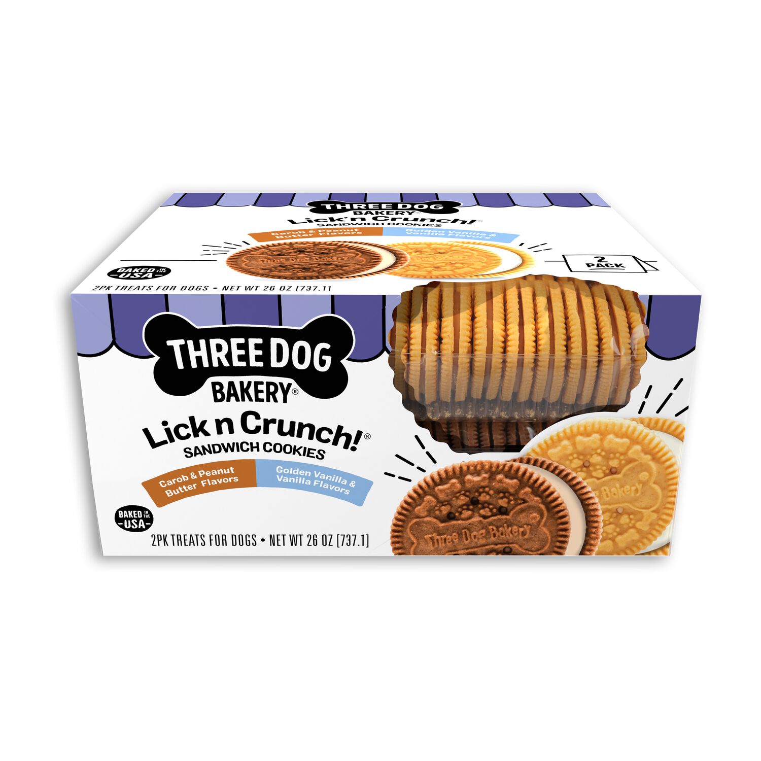 Three Dog Bakery Lick'n Crunch Sandwich Cookies Carob & Peanut Butter Flavors & Golden & Vanilla Flavor Biscuit Dog Treats, 26-Oz Package