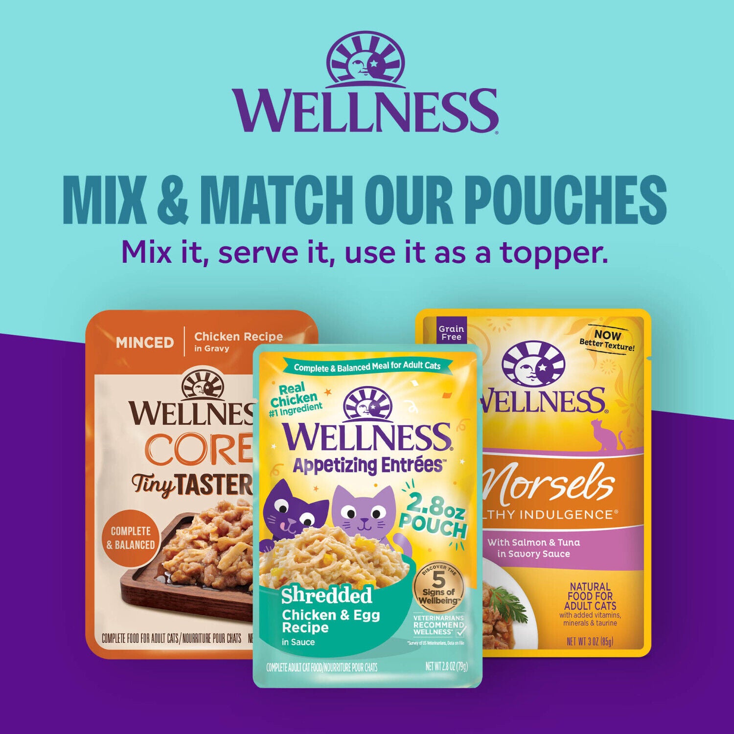 Wellness Appetizing Entrees Shredded & Mousse Adult Wet Cat Food, Natural, Protein-Rich, Grain-Free Poultry Variety Pack, 1.4-Oz Pouch 8-Pack