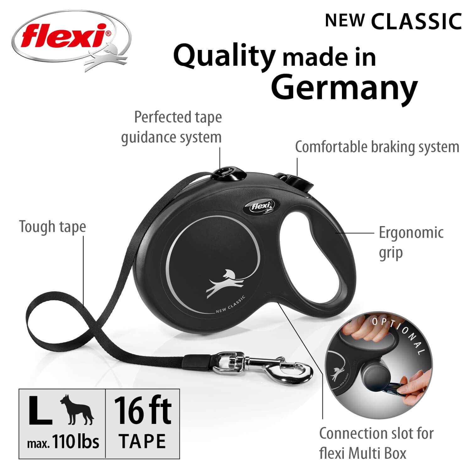 Flexi Classic Retractable Tape Dog Leash - Black, 16'