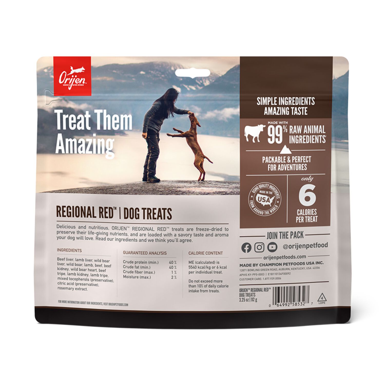Orijen Regional Red Recipe Grain-Free High-Protein Freeze-Dried Dog Treats, 3.25-Oz Bag