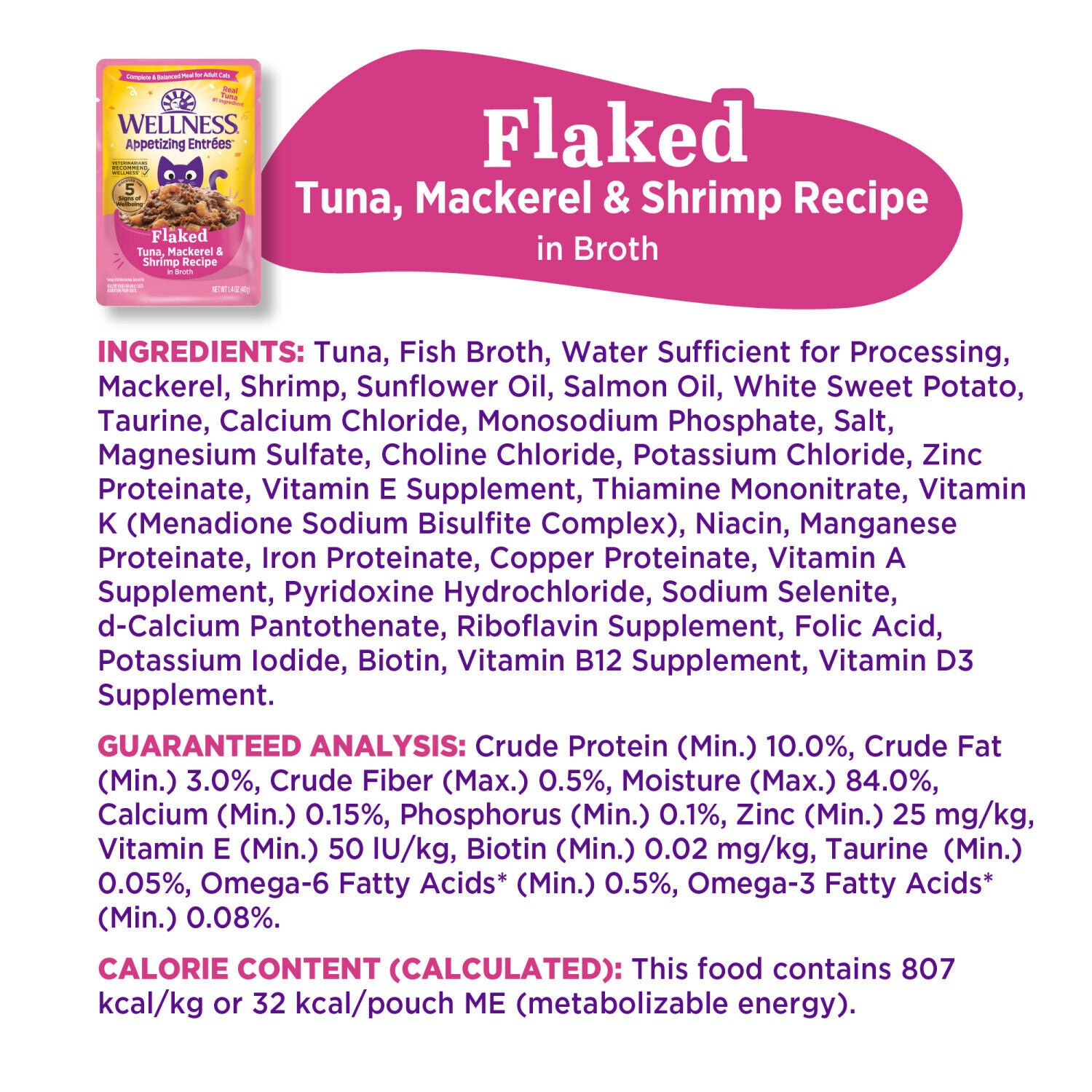 Wellness Appetizing Entr&eacute;es Flaked Adult Wet Cat Food, Natural, Protein-Rich, Grain Free Tuna, Mackerel & Shrimp Recipe, 1.4-Ounce Pouch