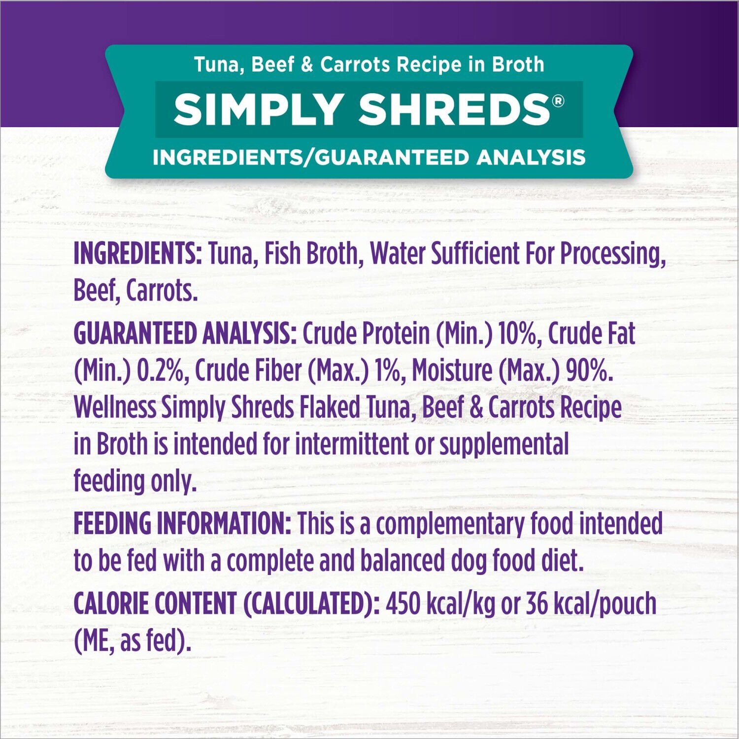 Wellness Bowl Boosters Simply Shreds Wet Dog Food Topper For Small, Medium, & Large Breeds, Grain Free, Natural, Tuna, Beef & Carrots, 2.8 Ounce Pouch