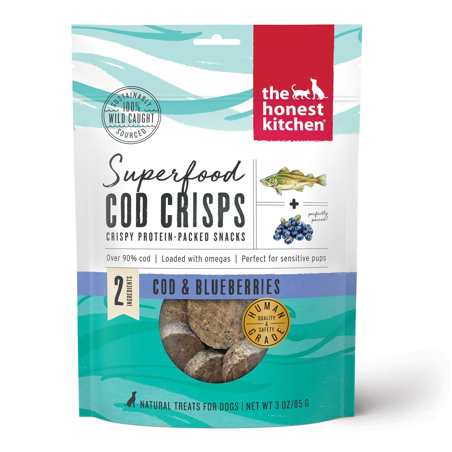 The Honest Kitchen Superfood Cod Crisps Limited Ingredient Dog Treats, Cod & Blueberries, 3-Oz