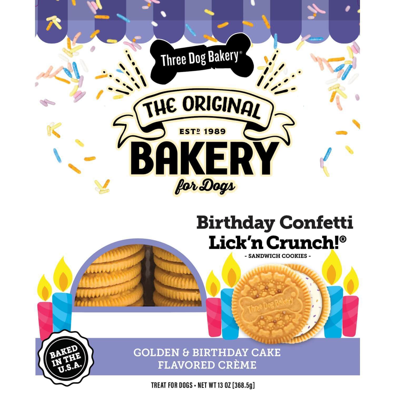 Three Dog Bakery Birthday Confetti Lick'n Crunch Sandwich Cookies Dog Treats