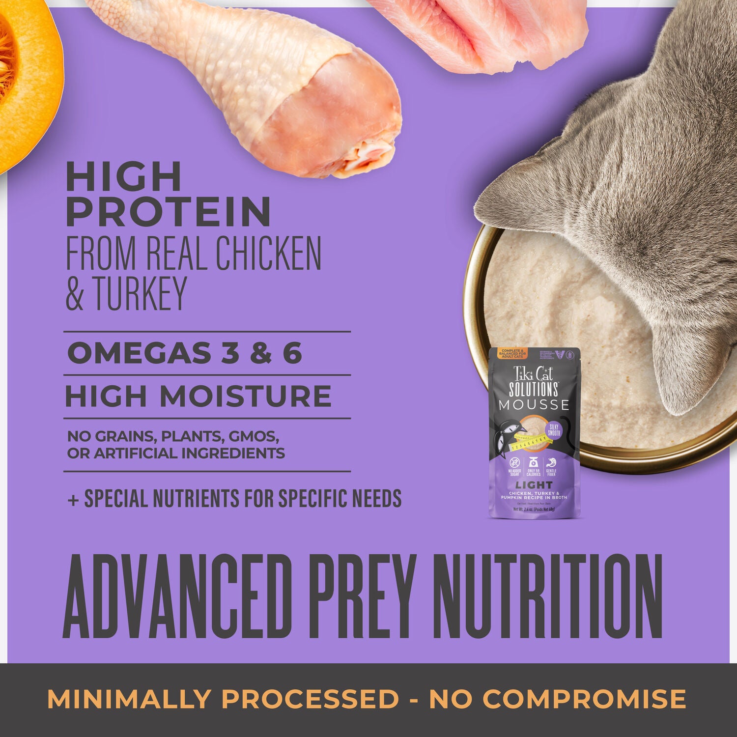 Tiki Cat Solutions Mousse, Light, Chicken, Turkey & Pumpkin Recipe In Broth, 2.4-Oz Pouch