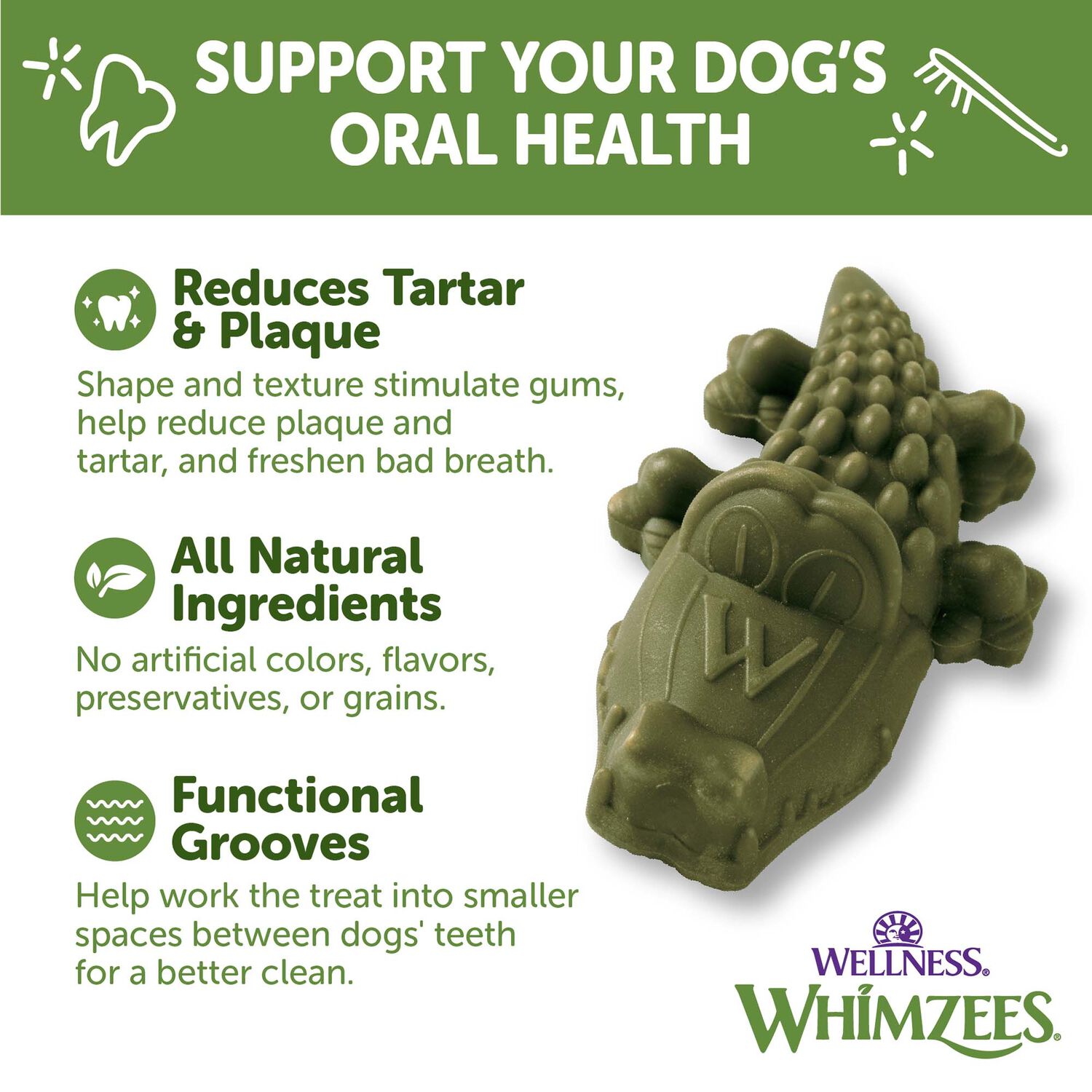 Whimzees Alligator Natural Grain-Free Daily Dental Long Lasting Dog Treats, Small, 1 Count