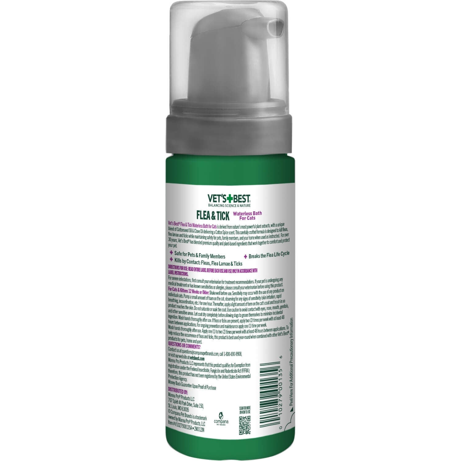 Vets Best Flea & Tick Cat Waterless Bath, Cotton Spice Scent