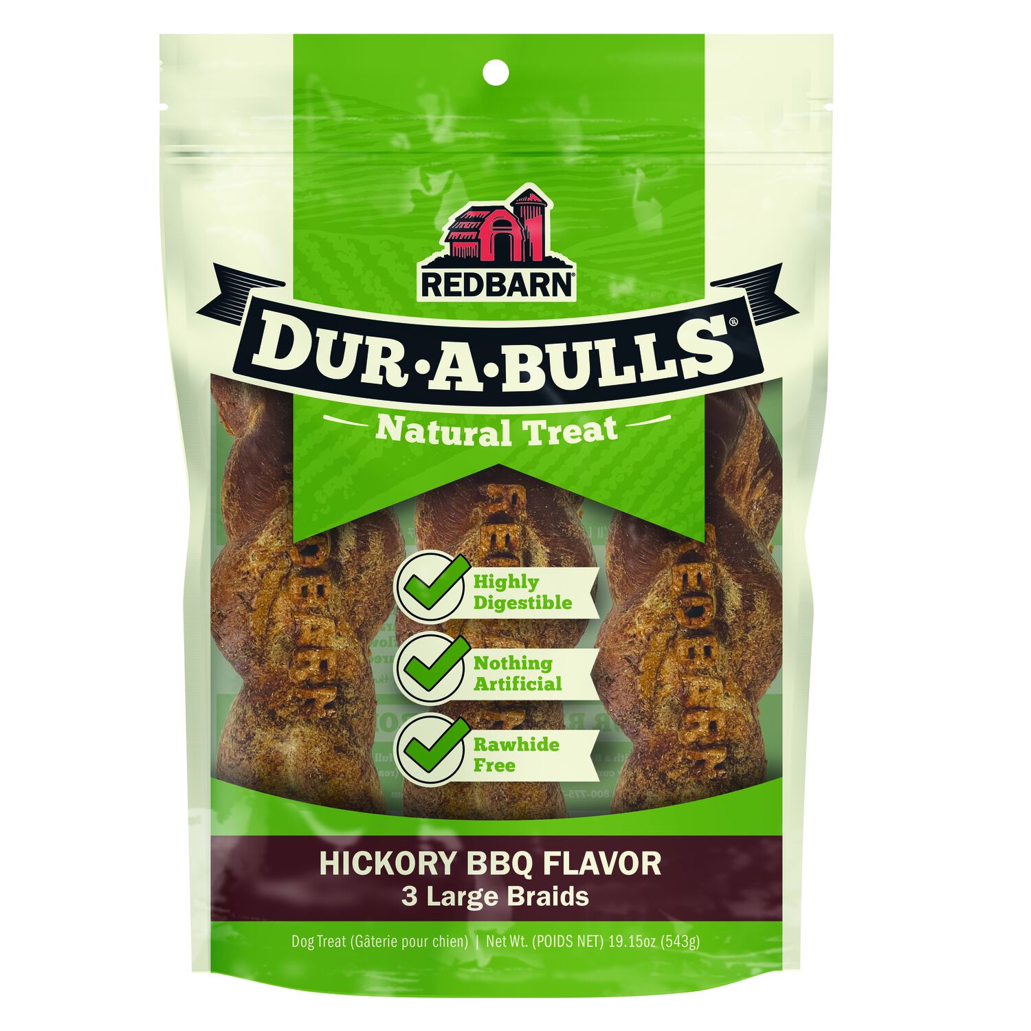 Redbarn Dur-A-Bulls&reg; Hickory Bbq Braid Rawhide Alternative Dental Dog Treats, Large, 3-Pk