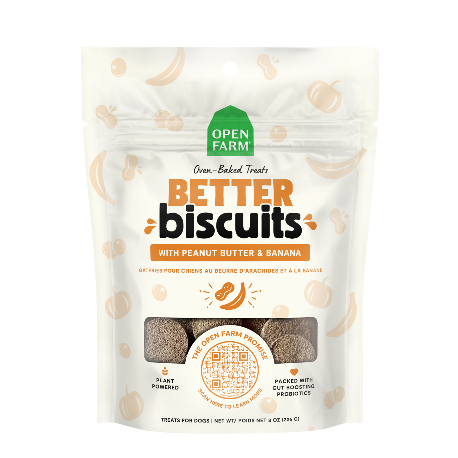 Open Farm Better Biscuits Peanut Butter & Banana Crunchy Dog Treats, 8-Oz Bag