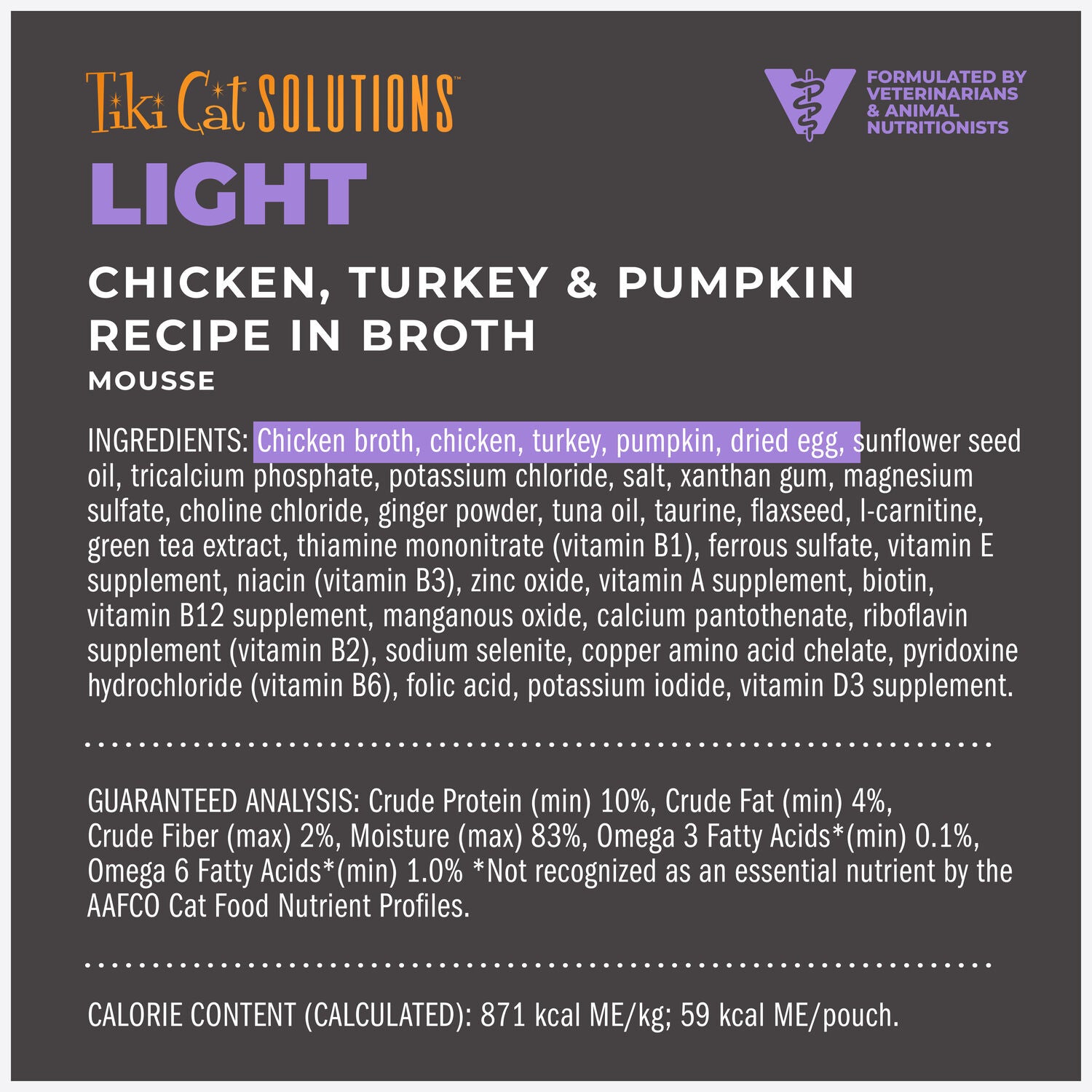 Tiki Cat Solutions Mousse, Light, Chicken, Turkey & Pumpkin Recipe In Broth, 2.4-Oz Pouch