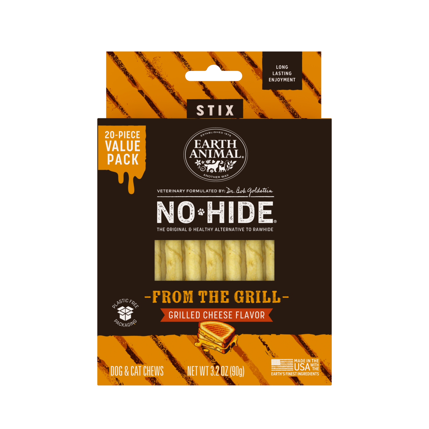 Earth Animal No-Hide Rawhide Alternative Stix Cat & Dog Treats, From The Grill Grilled Cheese Flavor, 20 Pack