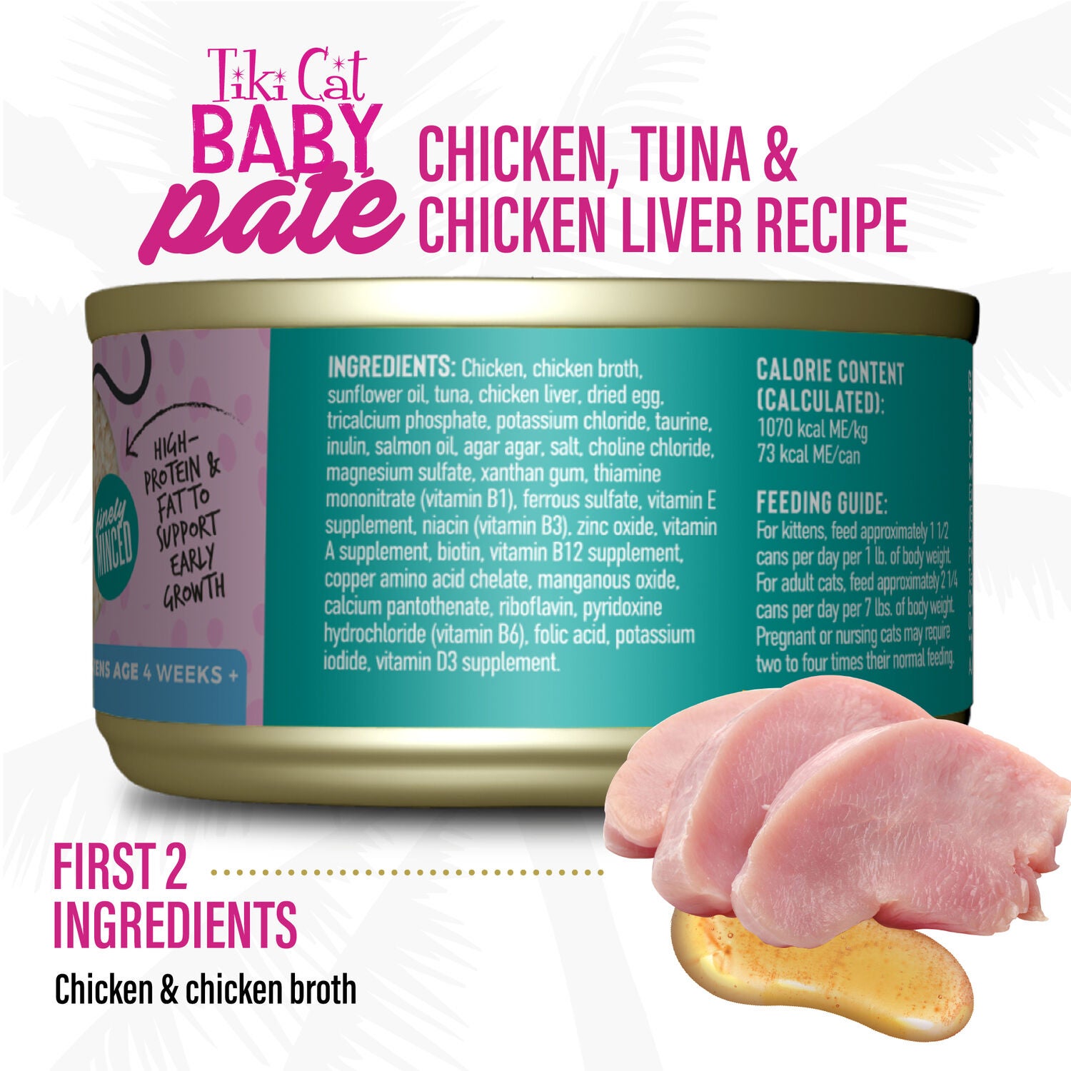 Tiki Cat Baby Pate Wet Cat Food For Kittens, Chicken, Tuna & Chicken Liver, 2.4-Oz Can Pack Of 12