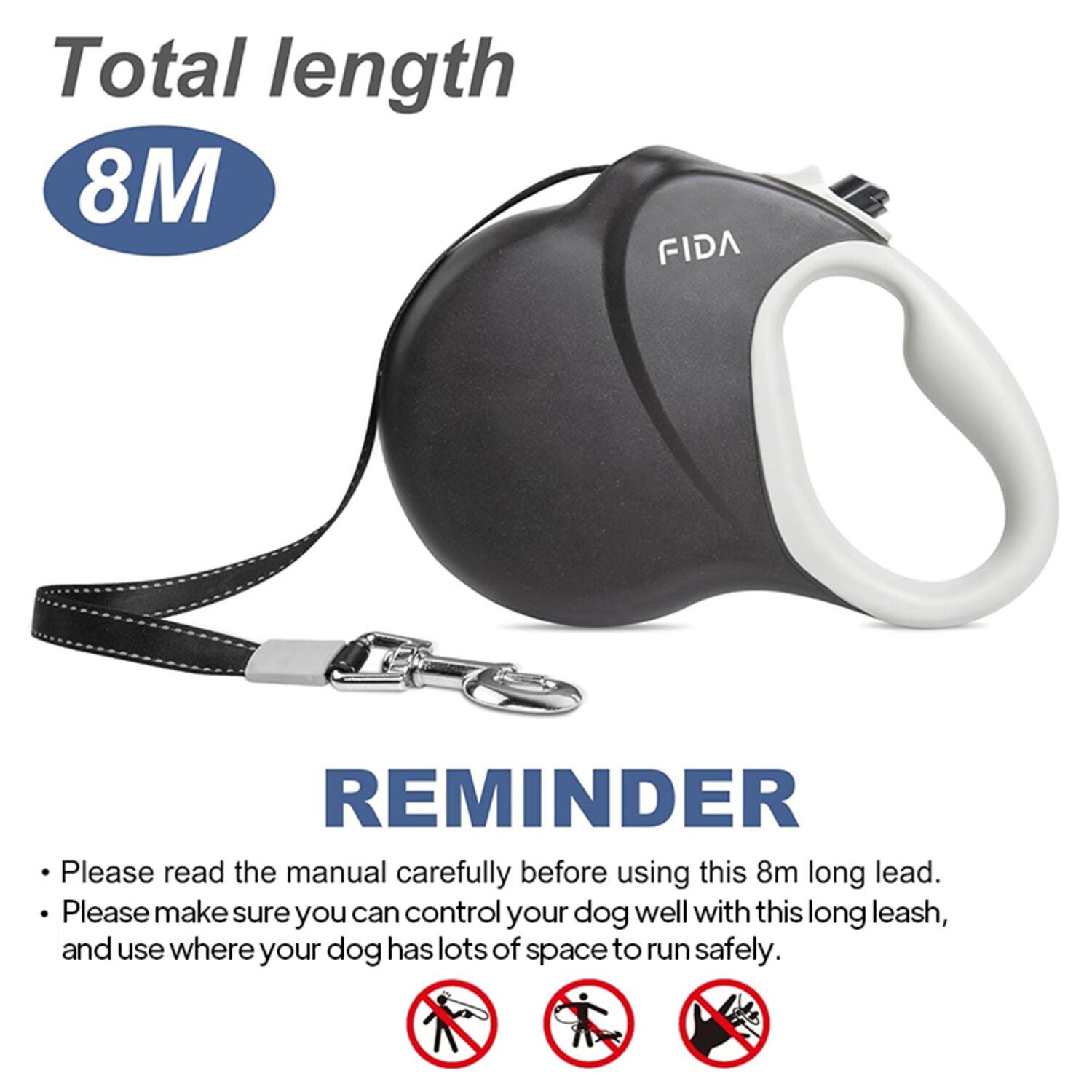 Fida Pet Retractable Dog Leash, Black, Giant - 26-Ft
