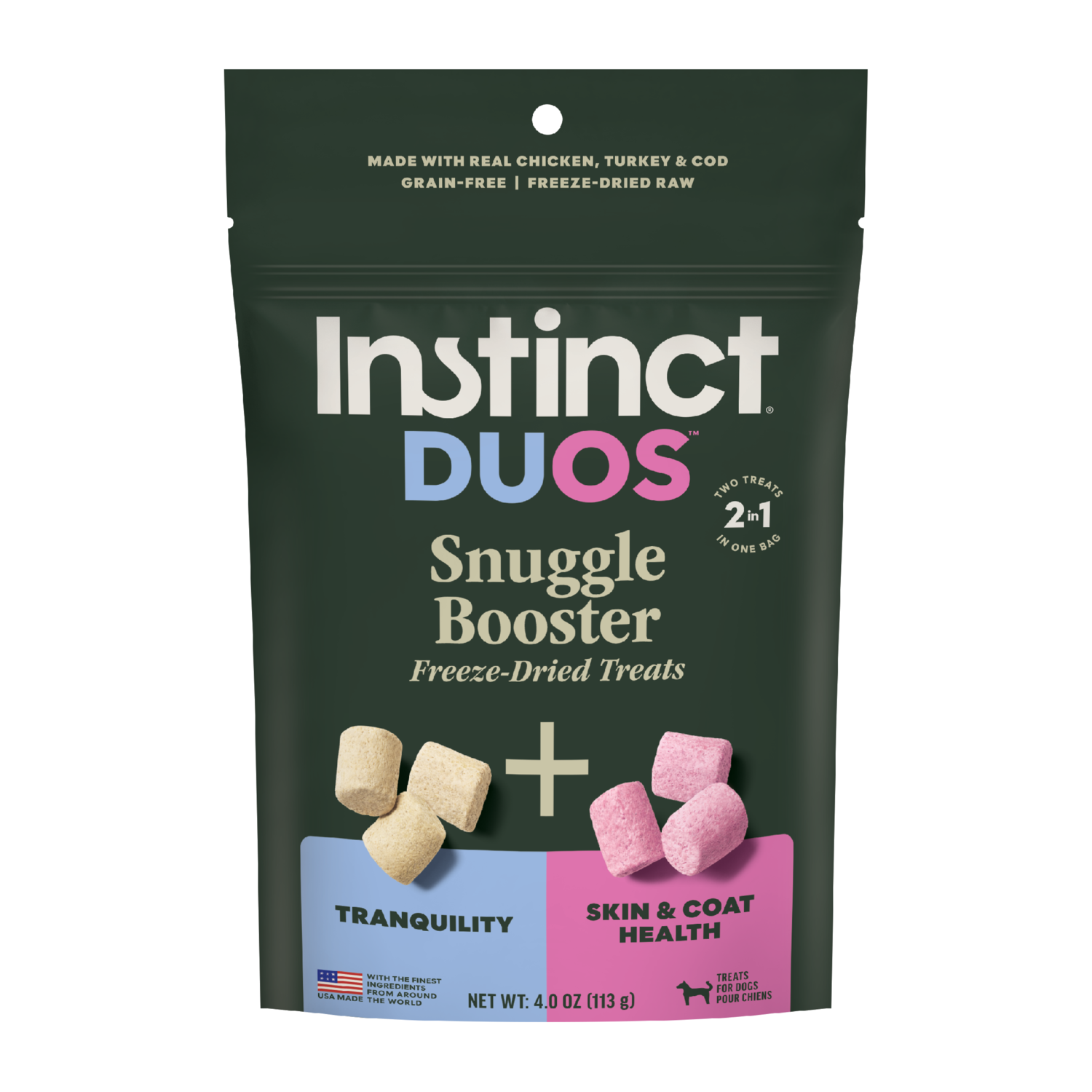 Instinct Duos Snuggle Booster 2:1 Tranquility + Skin & Coat Health  Freeze-Dried Dog Treats, 4-Oz