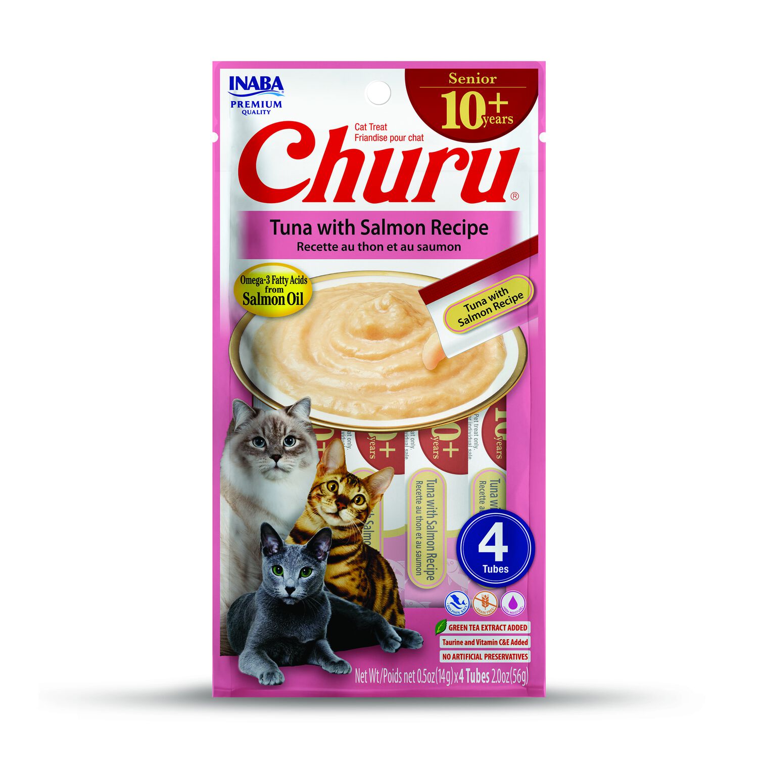 Inaba Churu Senior 10+ Lickable Pur&eacute;e Tuna With Salmon Recipe Cat Treats, 0.5-Oz Tubes, 4 Count