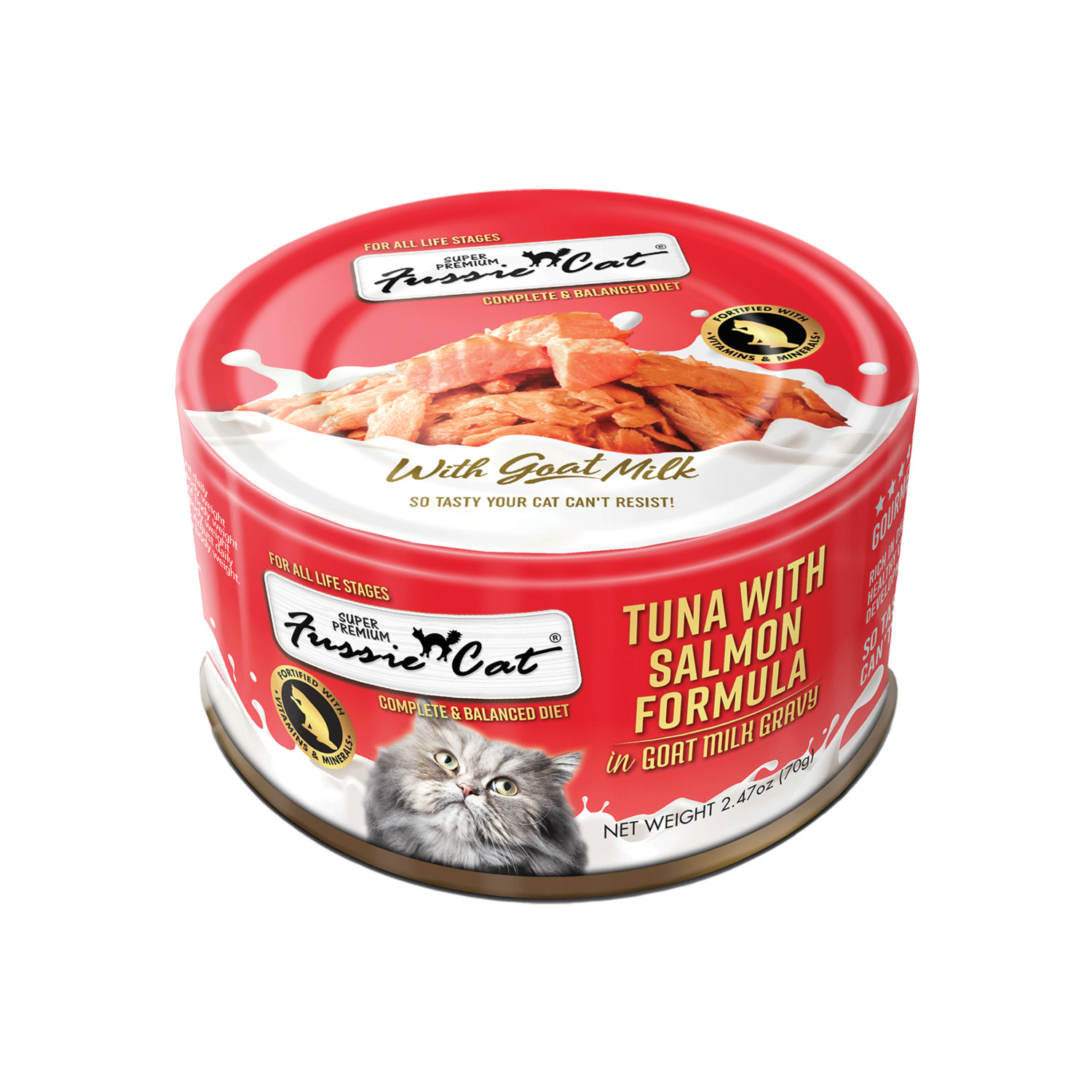Fussie Cat Premium Tuna With Salmon In Goat Milk Wet Cat Food, 2.47Oz