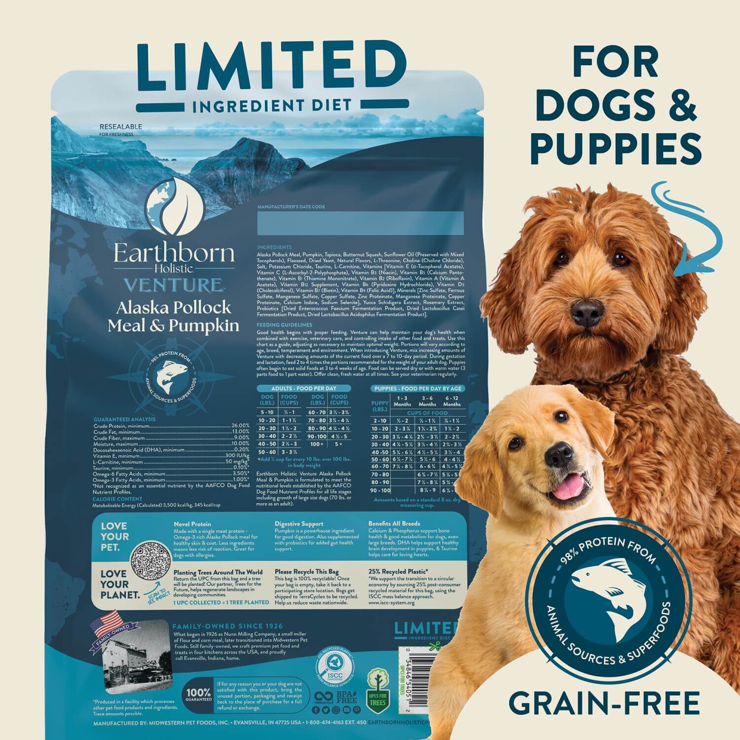 Earthborn Holistic Venture Limited Ingredient Alaska Pollock Meal & Pumpkin Grain-Free Dry Dog Food, 25-Lb Bag