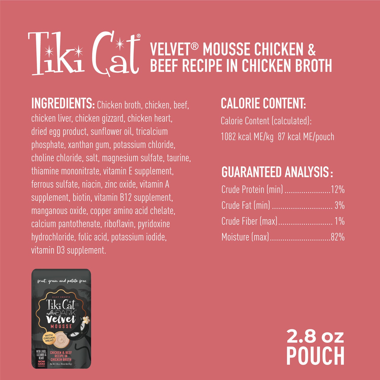 Tiki Cat After Dark Velvet Mousse Wet Cat Food, Chicken & Beef, 2.8 Oz. Pouch