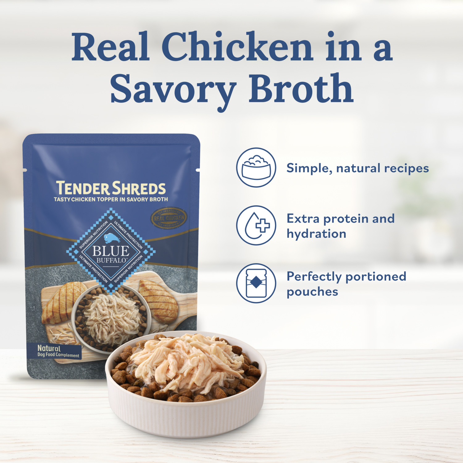 Blue Buffalo Tender Shreds Tasty Chicken Toppers In Savory Broth, Natural Wet Dog Food Complement, Chicken, 2.5-Oz