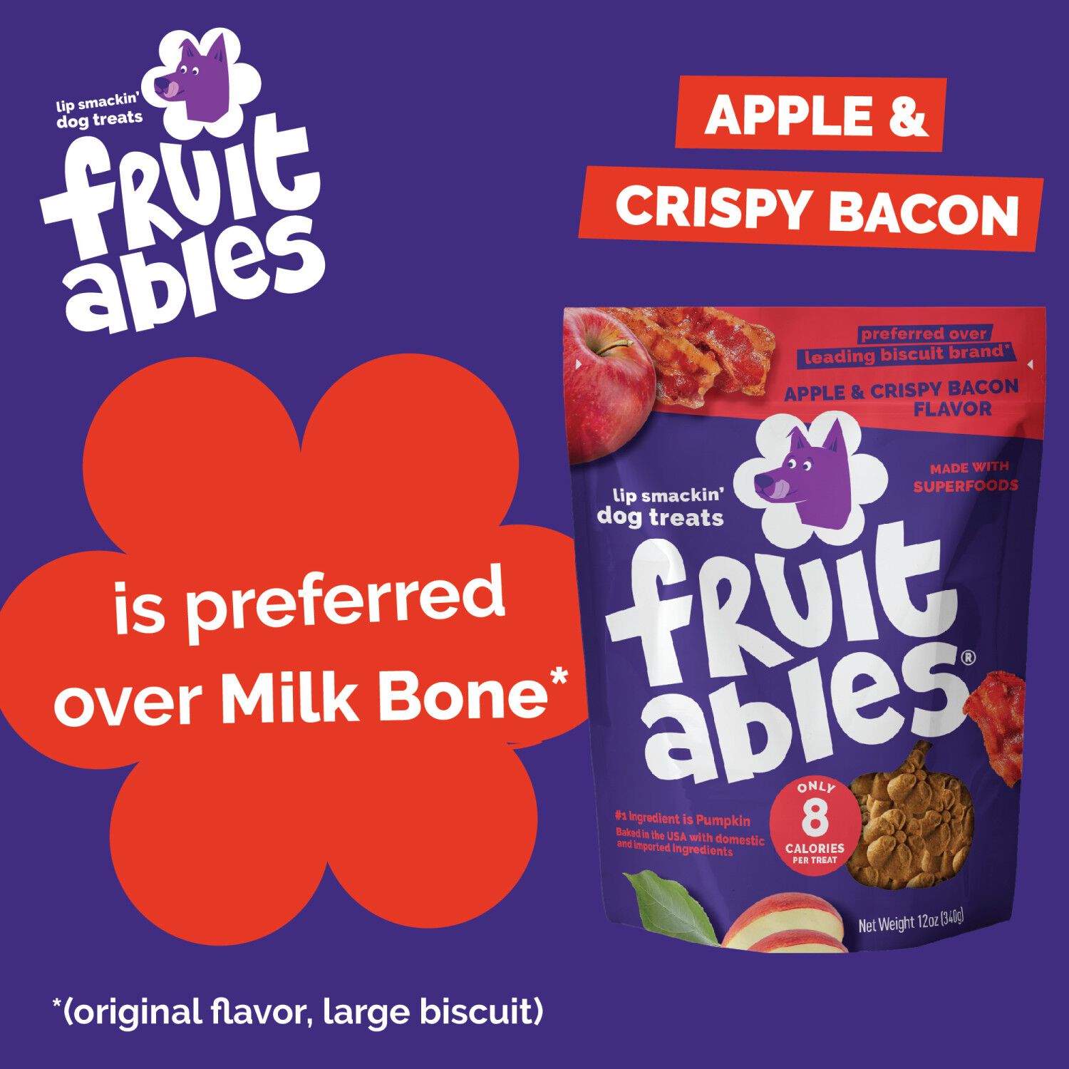 Fruitables Low Calorie Baked Crunchy Dog Treats, Bacon & Apple, 12-Oz Bag