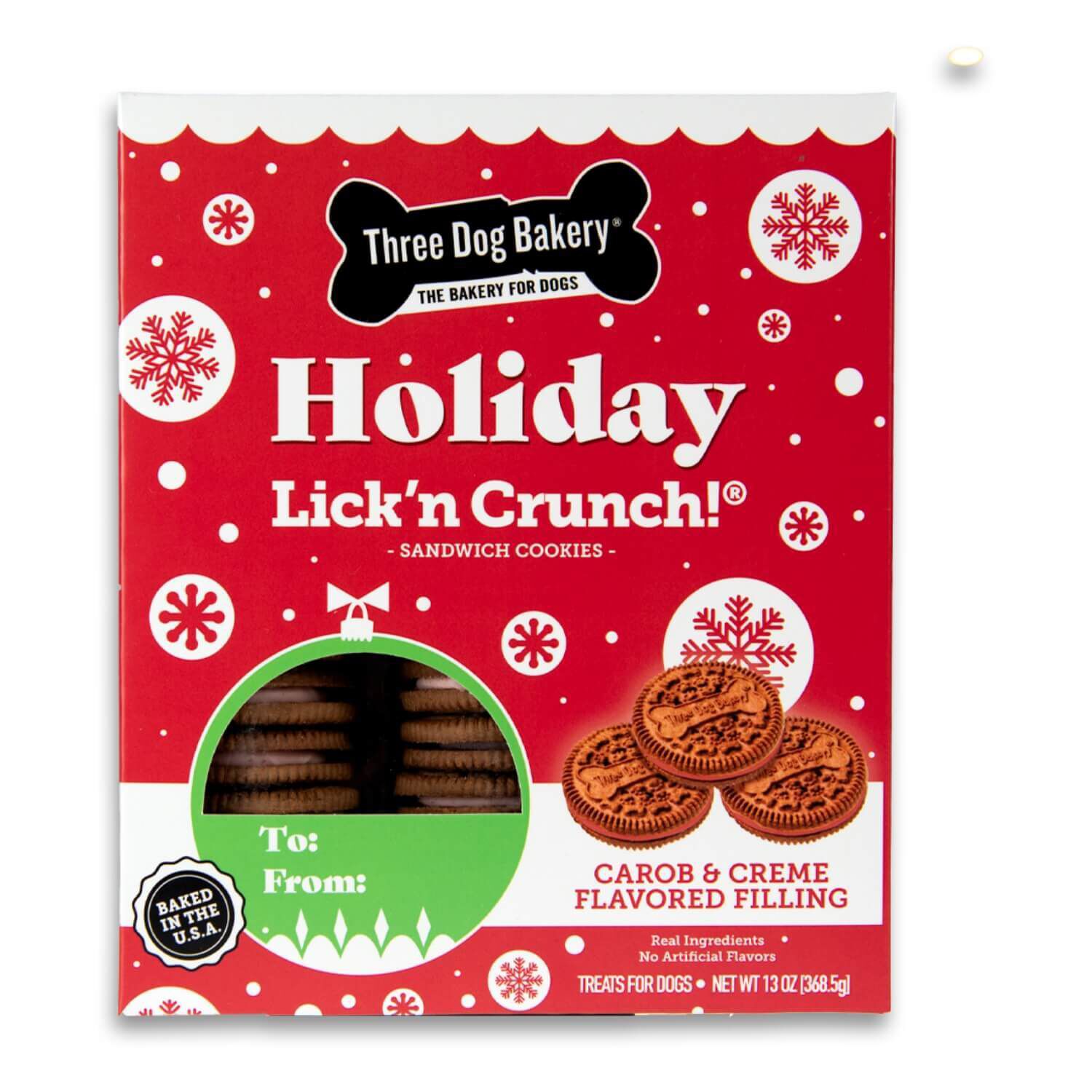 Three Dog Bakery Holiday Lick'n Crunch Cookies With Carob Cookies And Red Vanilla Cr&egrave;me Filling Dog Treats