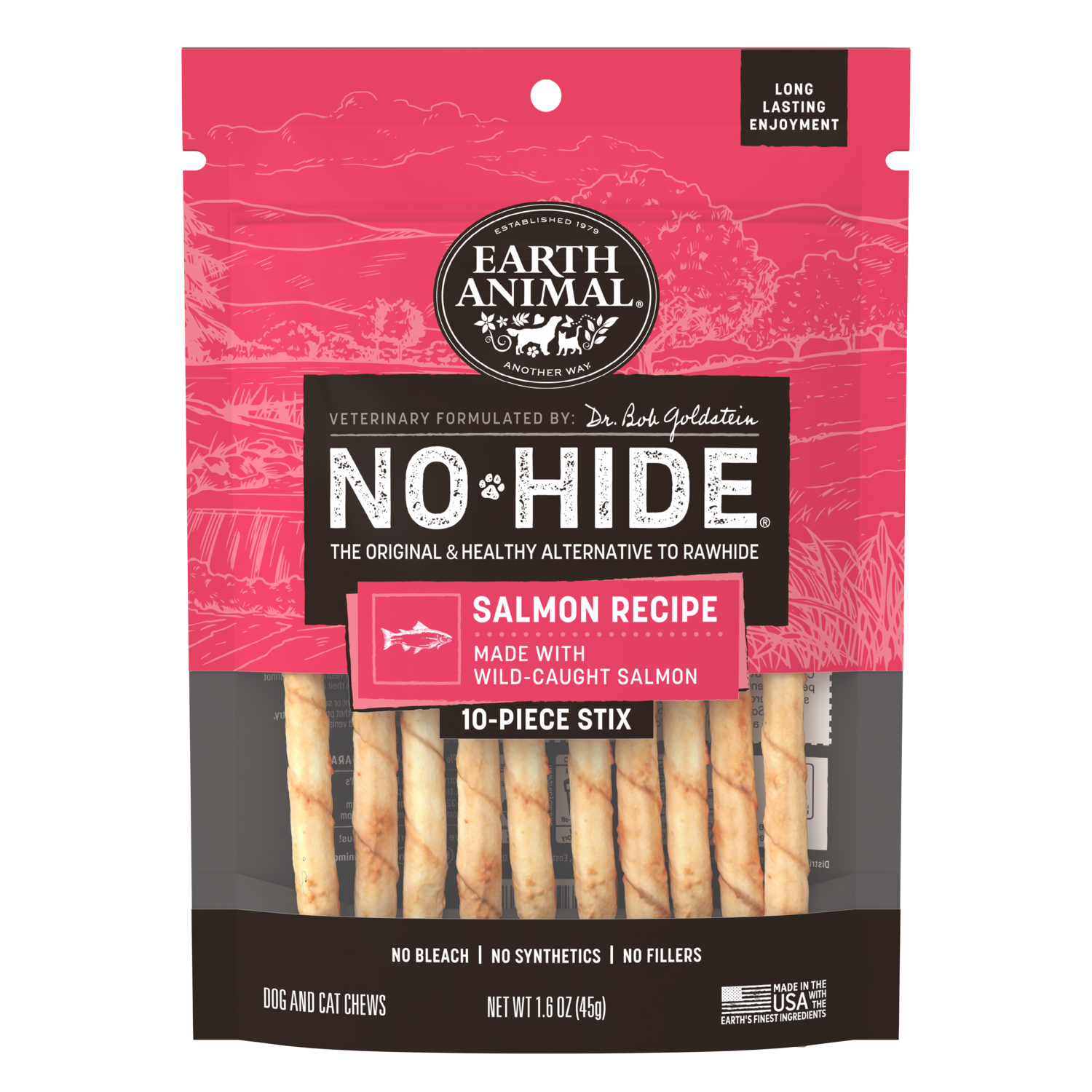 Earth Animal No-Hide Rawhide Alternative Dog & Cat Treat Stix, Wild Caught Salmon, 10 Pack