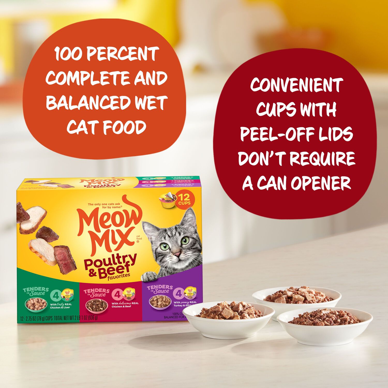 Meow Mix Tenders In Sauce Poultry And Beef Favorites Wet Cat Food Variety Pack, 12-2.75Oz Cups